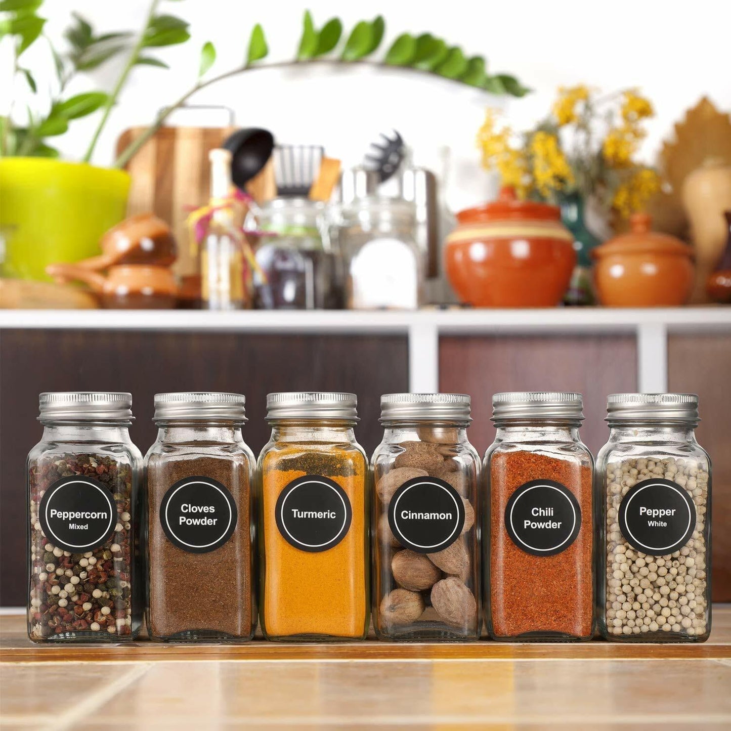 24 Pcs Glass Spice Jars with Labels - 4oz Empty Square, Airtight Metal Caps