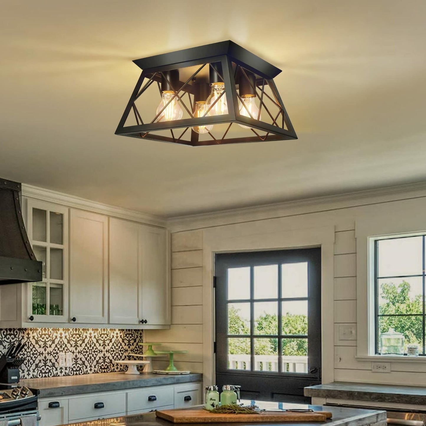 4-Light Flush Mount Ceiling Light- Bulb NOT Included, Industrial Close - Black