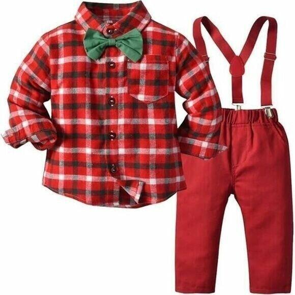 Toddler Dress Suit Baby Boys Set Bowtie Shirts Suspenders Pants 4pcs 12-18M