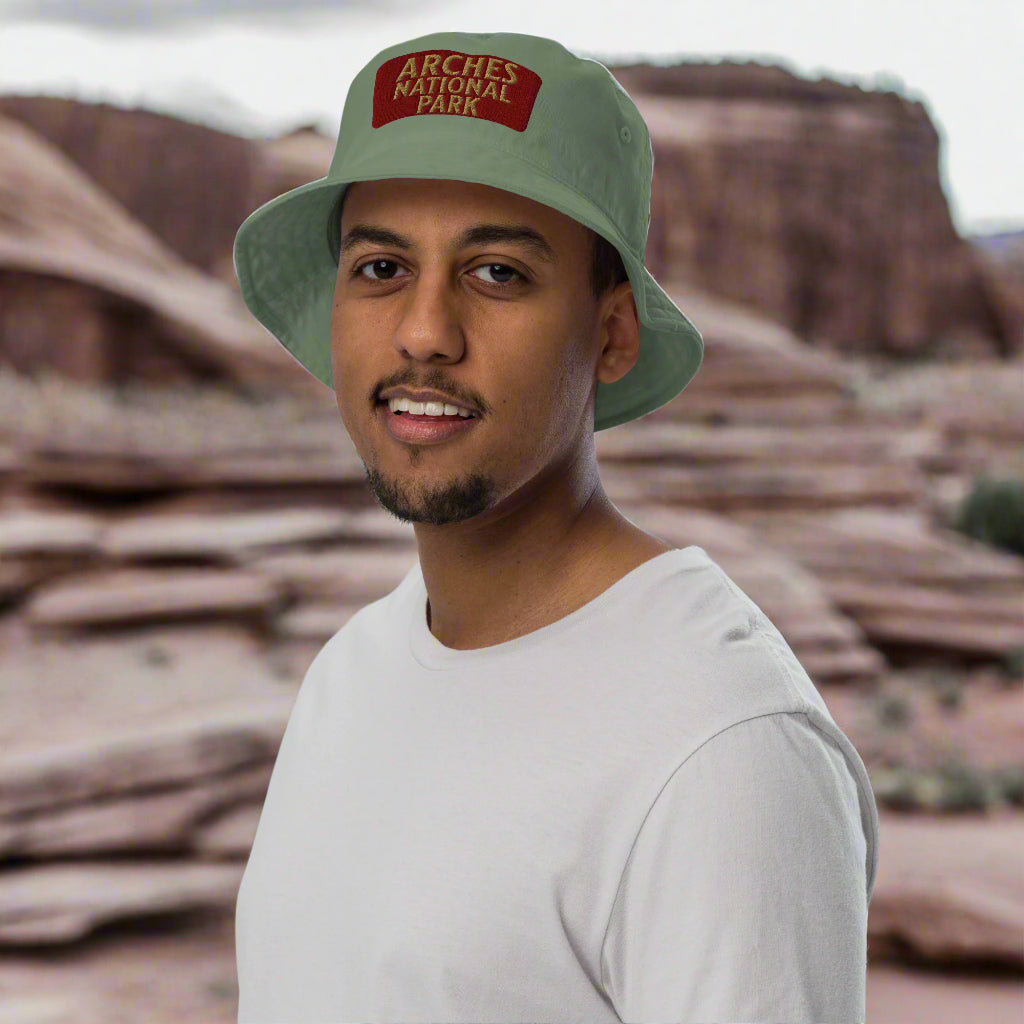 Arches National Park Sign Embroidered Organic Bucket Hat