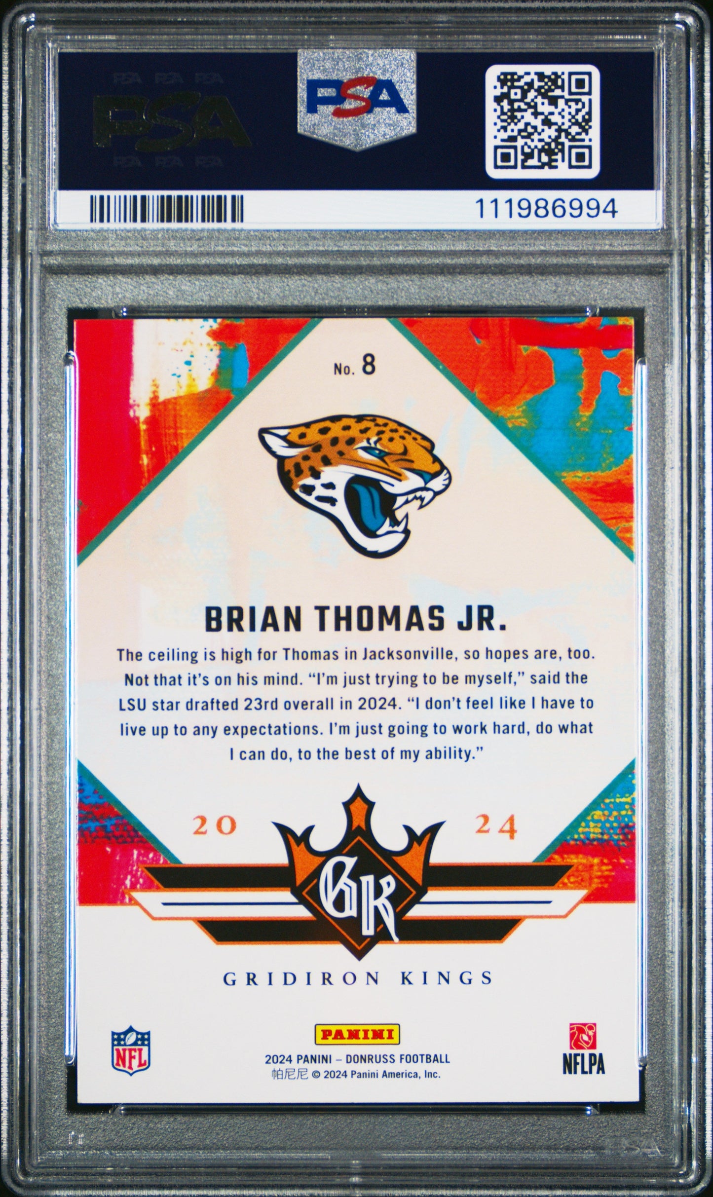 Graded 2024 Panini Donruss Brian Thomas Jr #8 Rookie Gridiron Kings Rookie RC Football Card PSA 10 Gem Mint