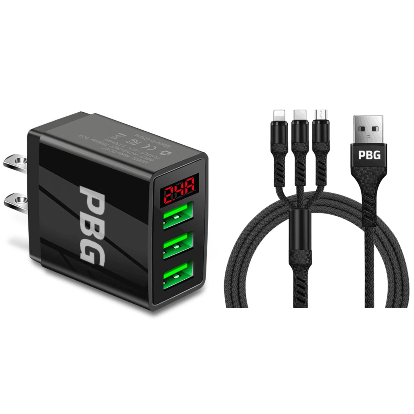 PBG 3 port LED Display Wall Charger and 3 in 1 Cable Bundle