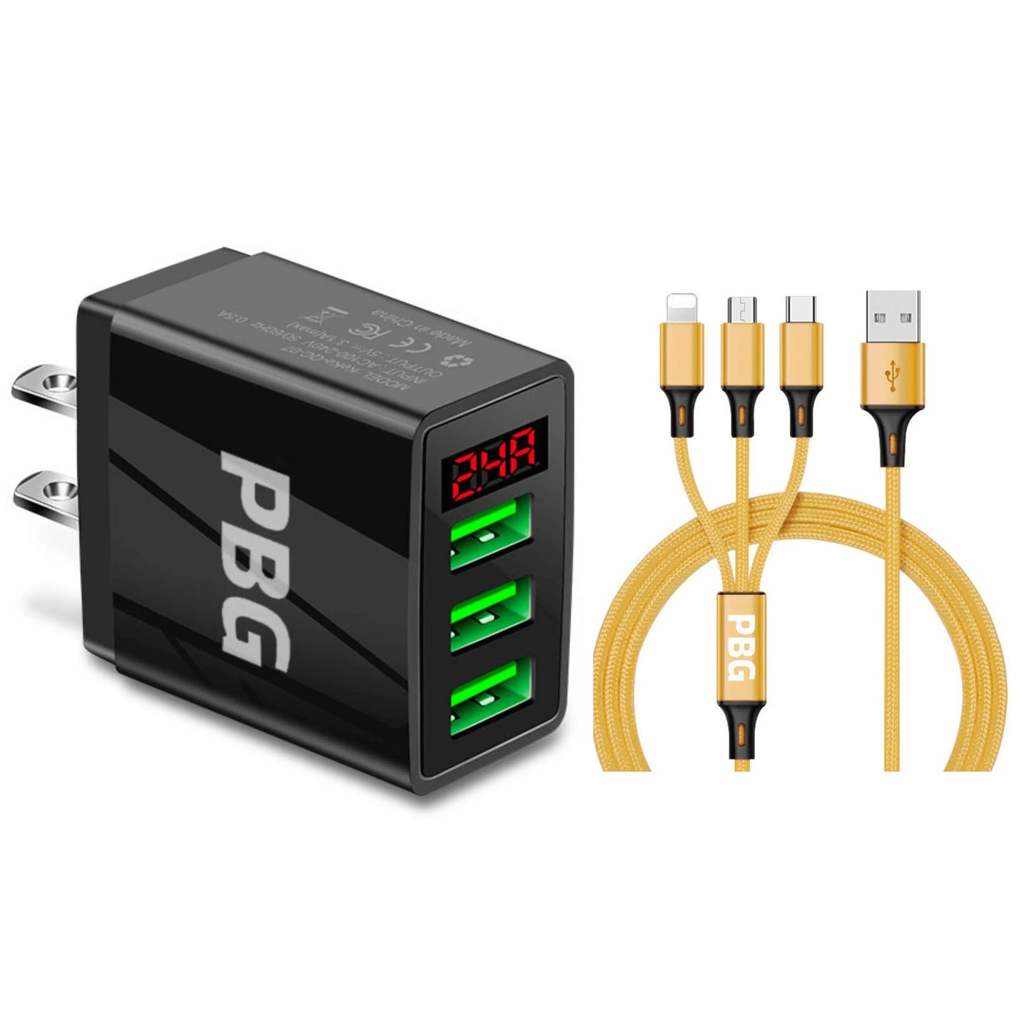 PBG 3 port LED Display Wall Charger and 3 in 1 Cable Bundle