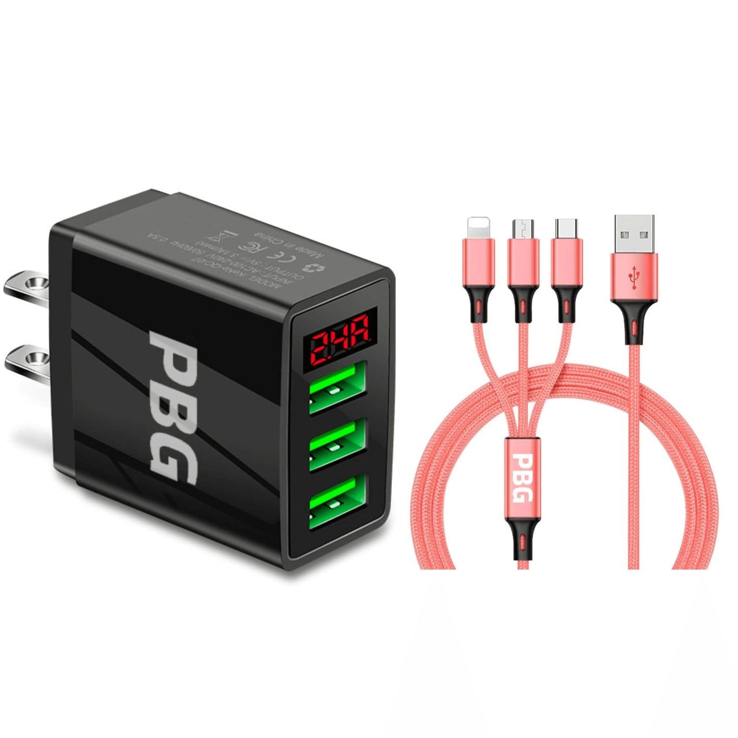 PBG 3 port LED Display Wall Charger and 3 in 1 Cable Bundle