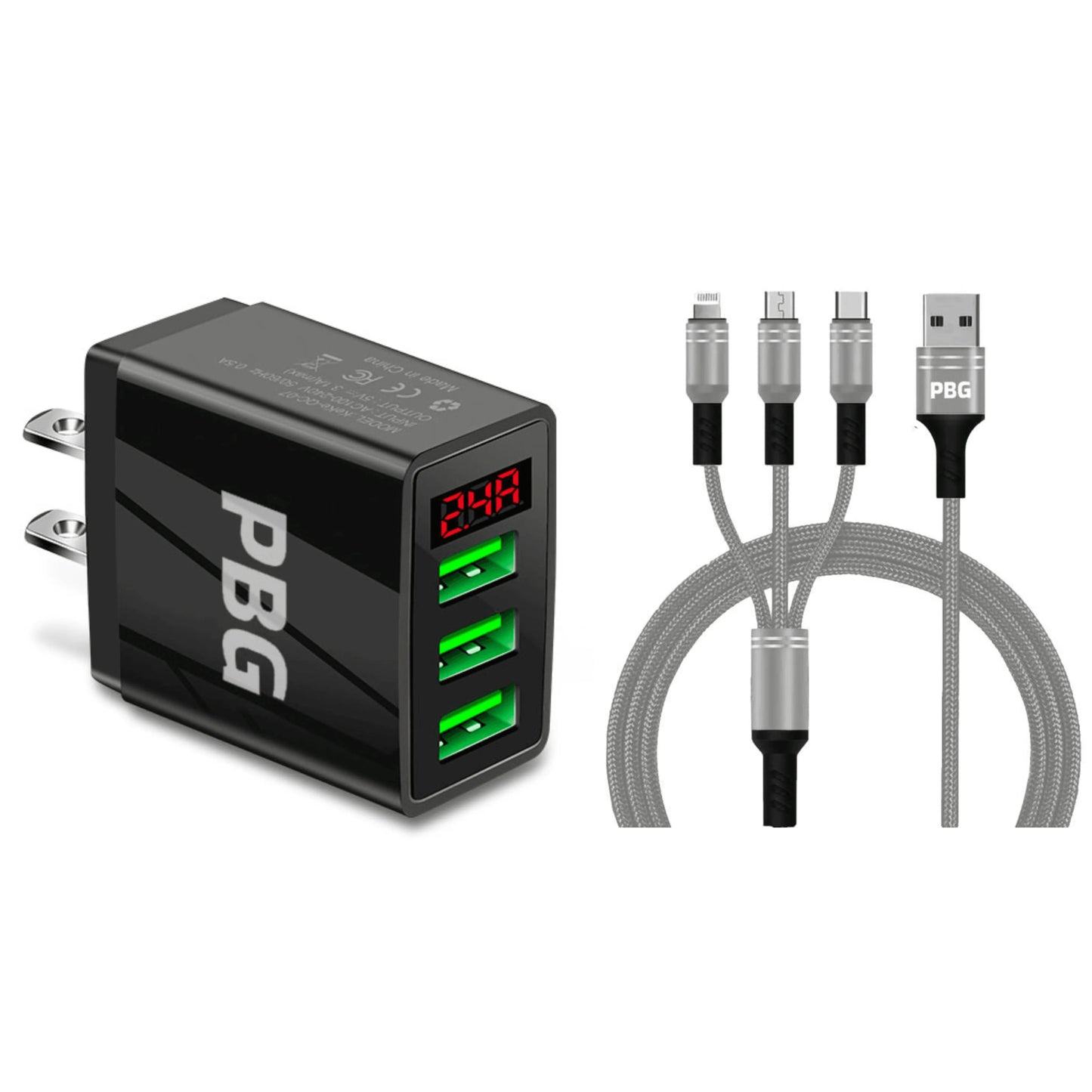 PBG 3 port LED Display Wall Charger and 3 in 1 Cable Bundle