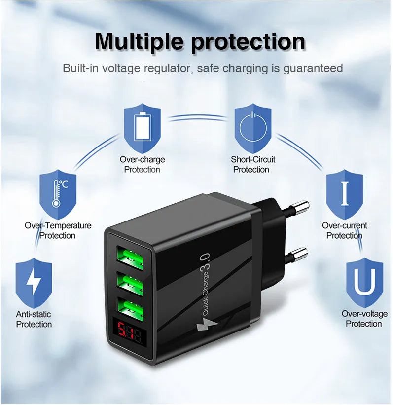 PBG 3 port LED Display Wall Charger and 3 in 1 Cable Bundle