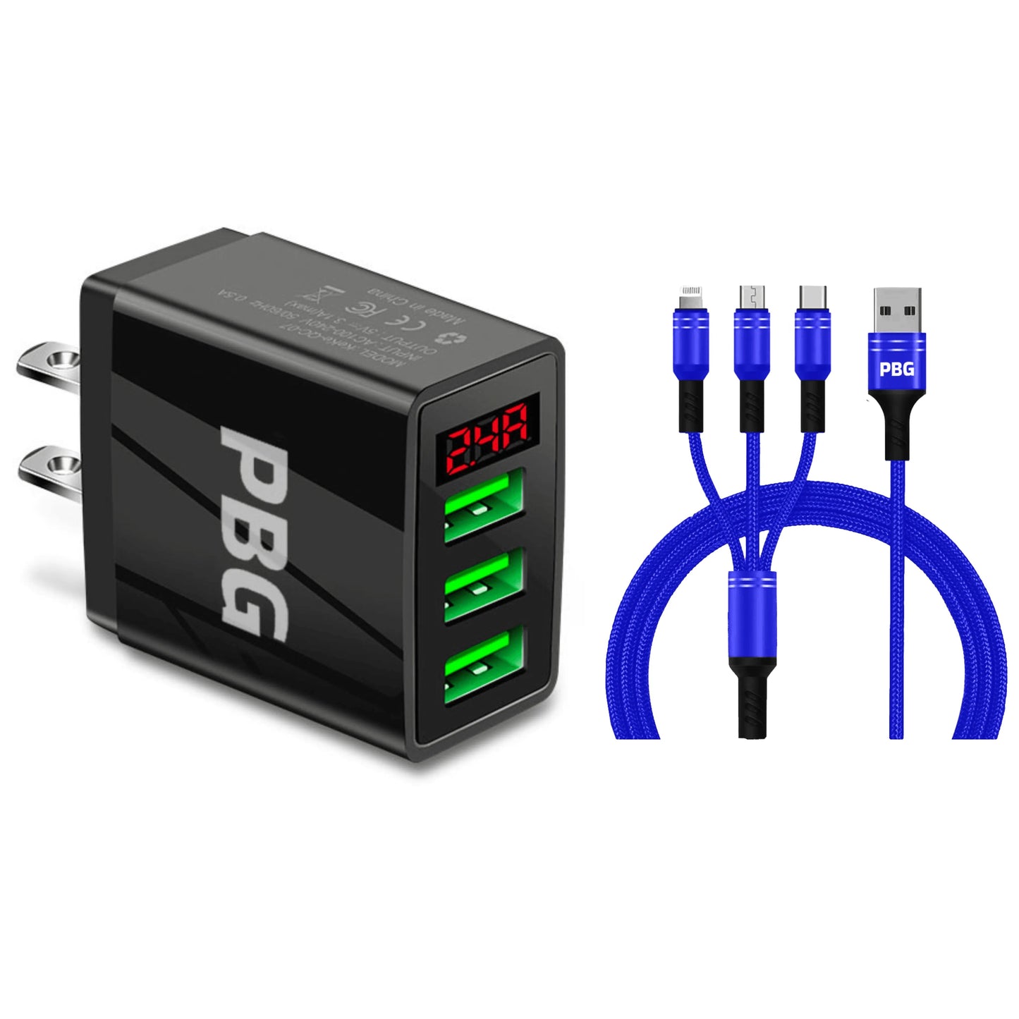 PBG 3 port LED Display Wall Charger and 3 in 1 Cable Bundle