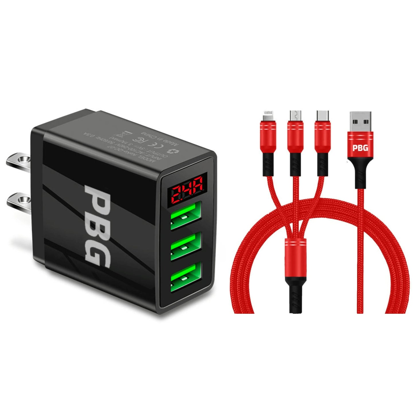 PBG 3 port LED Display Wall Charger and 3 in 1 Cable Bundle