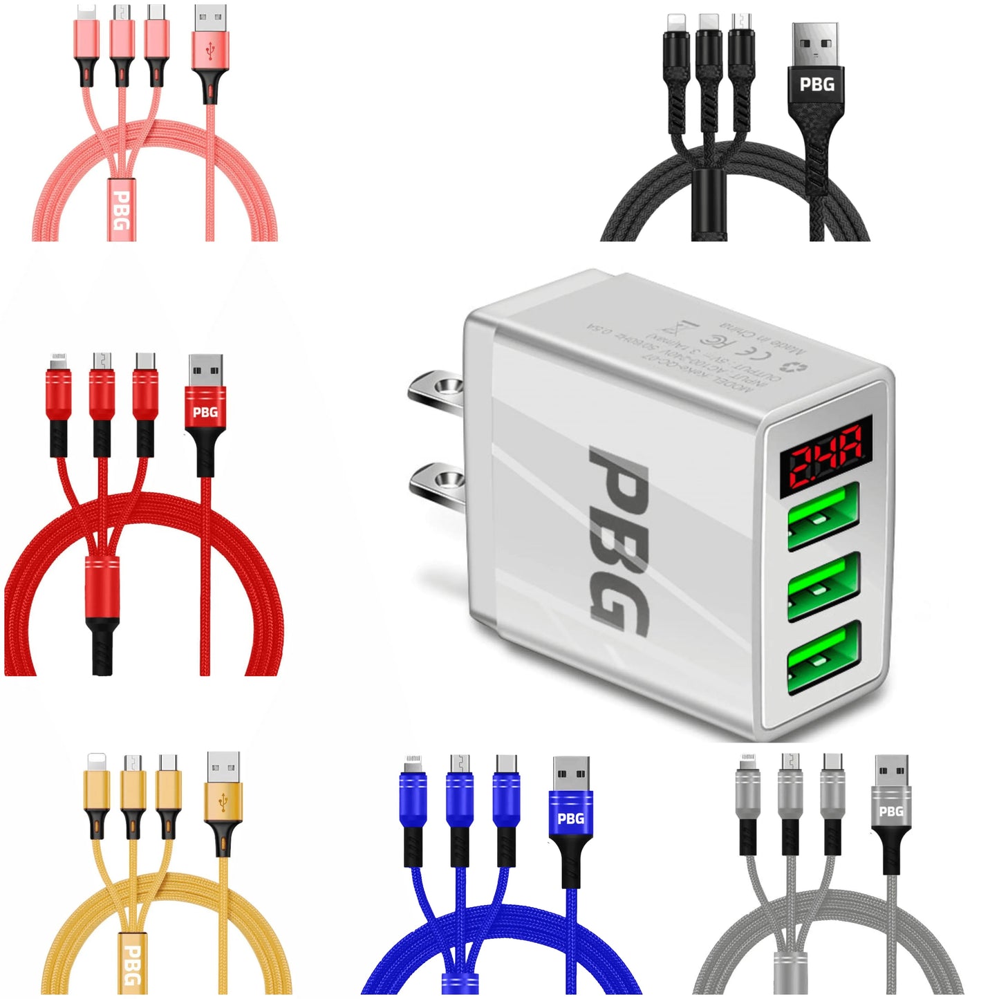 PBG 3 port LED Display Wall Charger and 3 in 1 Cable Bundle Silver