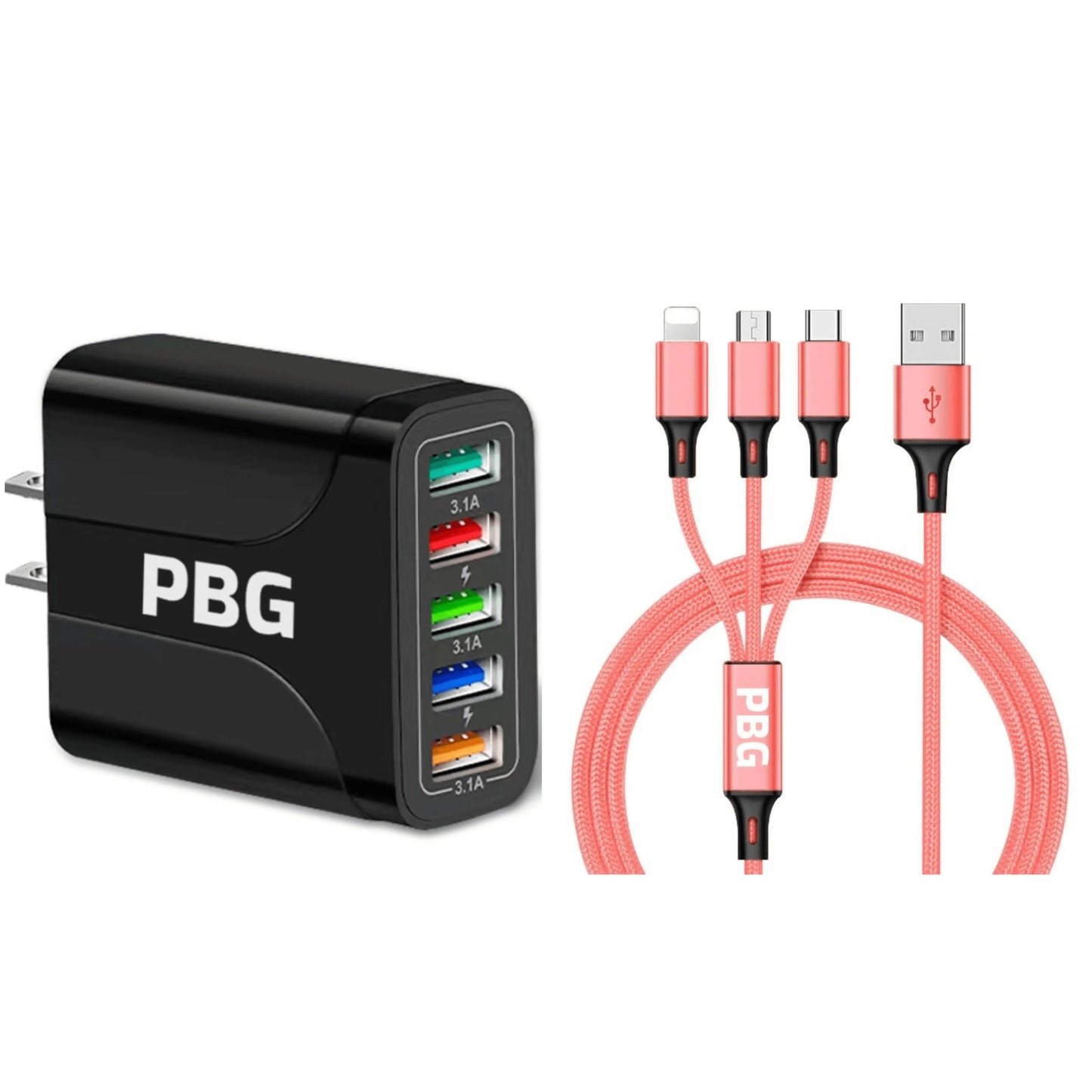 PBG Black 5-Port LED Wall Charger & QC 3-in-1 Nylon Braided Fast Charging Cable