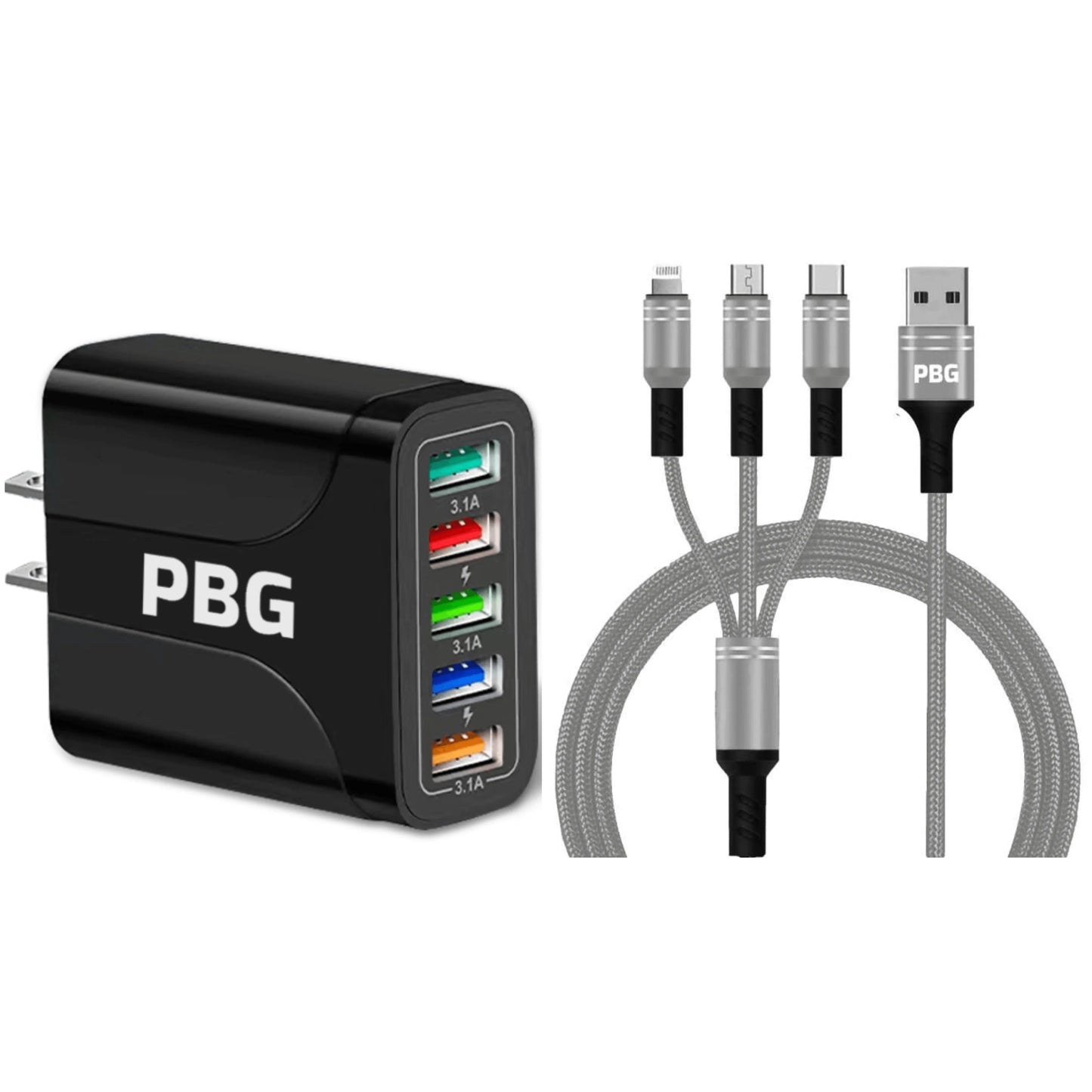PBG Black 5-Port LED Wall Charger & QC 3-in-1 Nylon Braided Fast Charging Cable