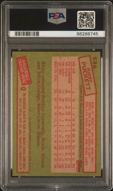 Graded 1985 Topps Kirby Puckett #536 Rookie RC Baseball Card PSA 9 Mint