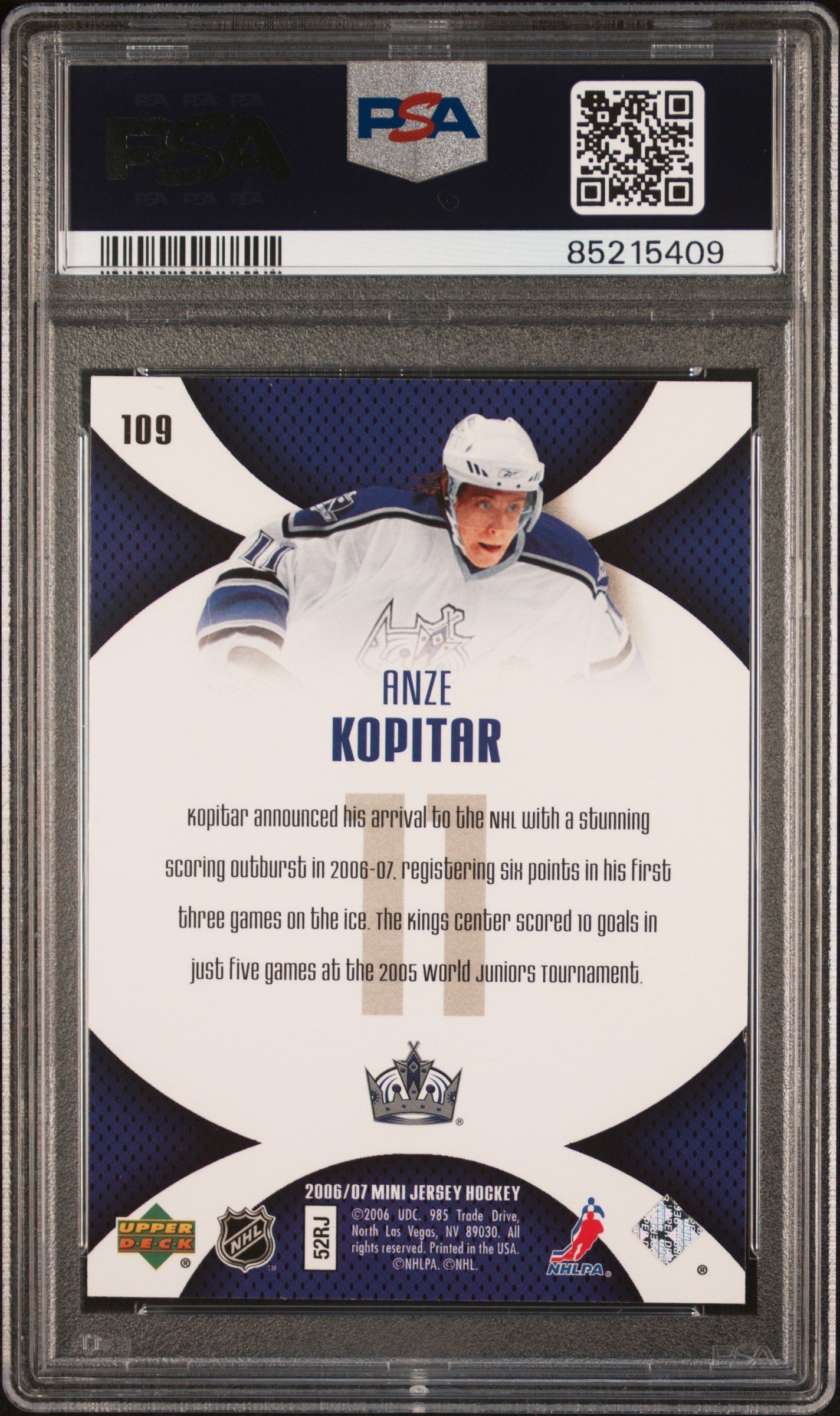 Graded 2006 Upper Deck Mini Jersey Anze Kopitar #109 Rookie RC Hockey Card PSA 10 Gem Mint