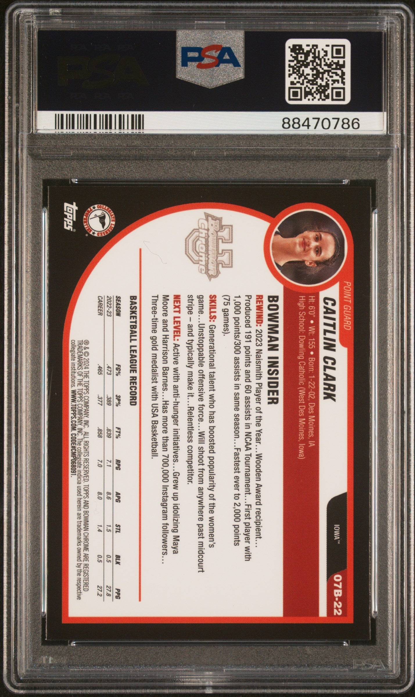Graded 2023 Topps Bowman U Chrome Caitlin Clark #07B22 2007 Bowman Rookie RC Basketball Card PSA 10 Gem Mint