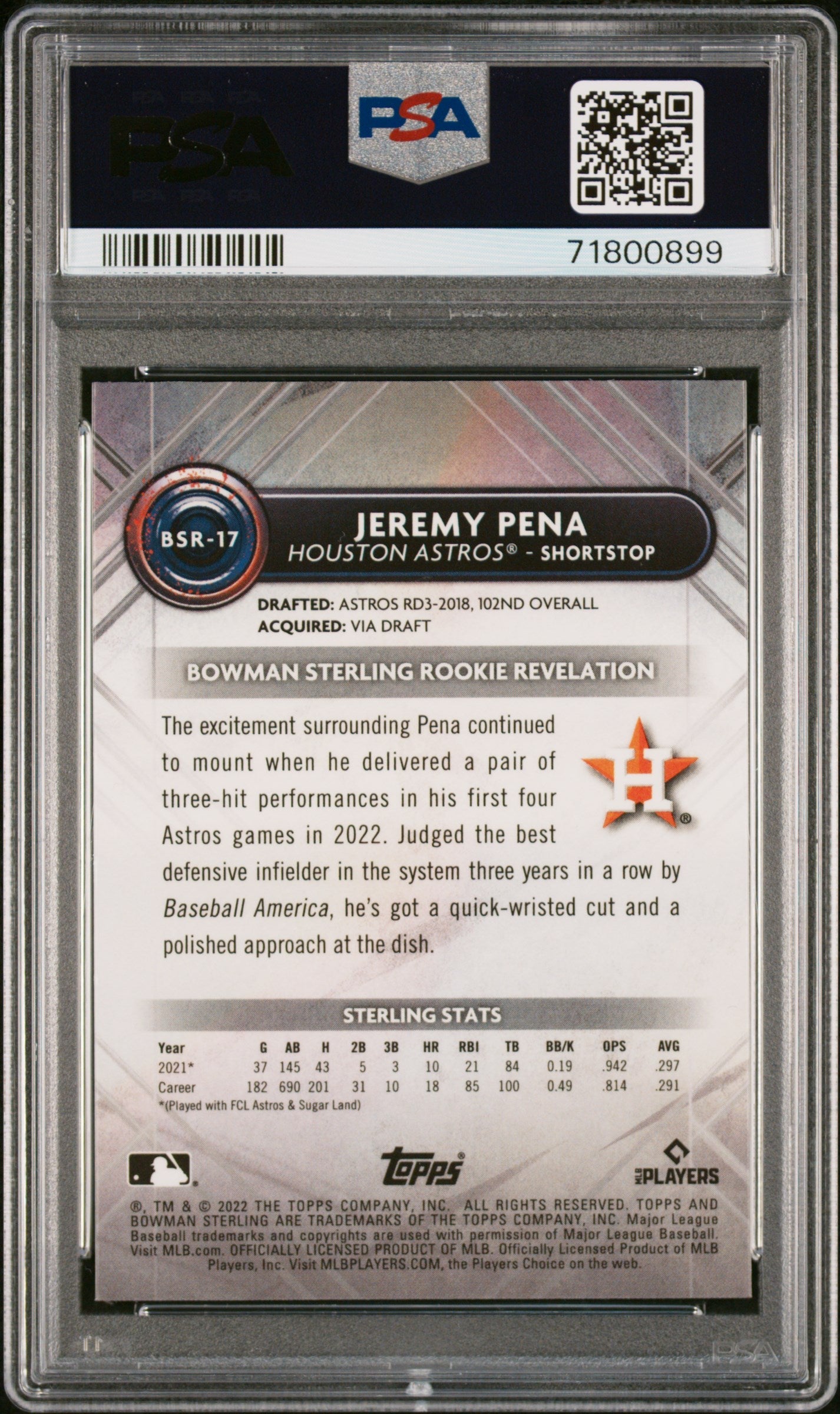 Graded 2022 Topps Bowman Sterling Jeremy Pena #BSR17 Rookie RC Baseball Card PSA 10 Gem Mint