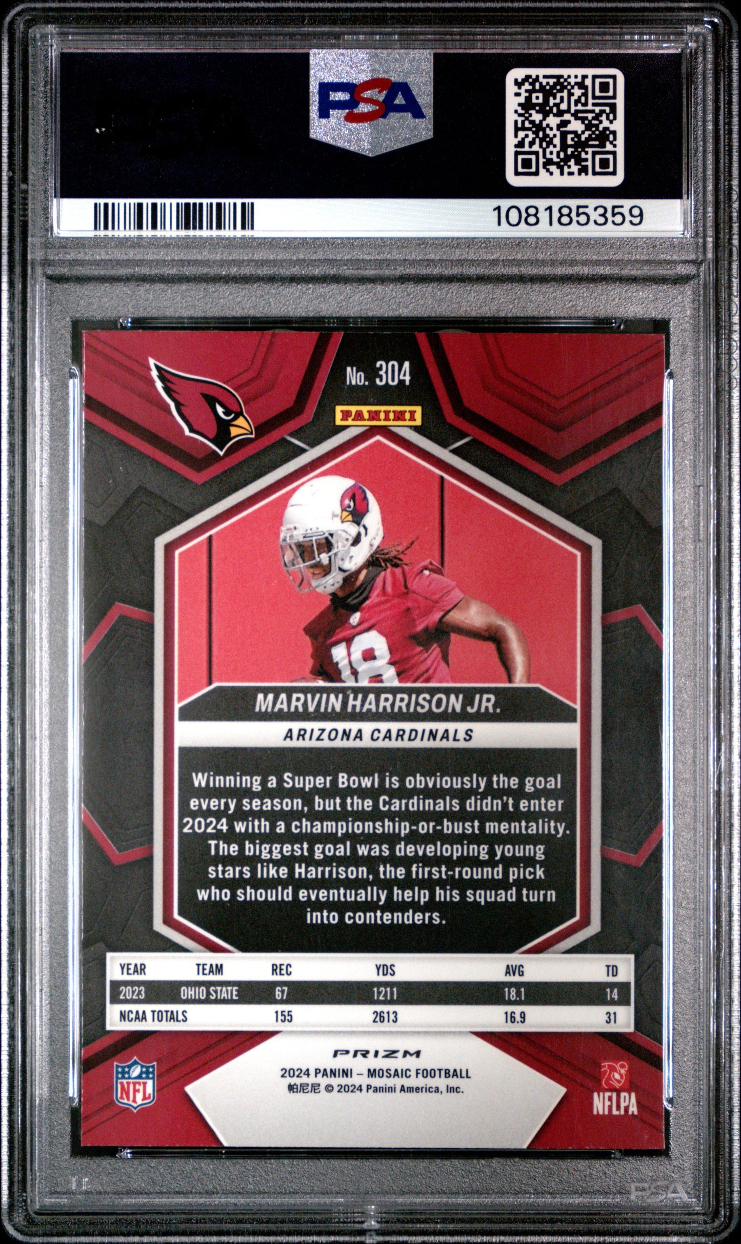 Graded 2024 Panini Mosaic Marvin Harrison Jr #304 Mosaic Rookie RC Football Card PSA 10 Gem Mint