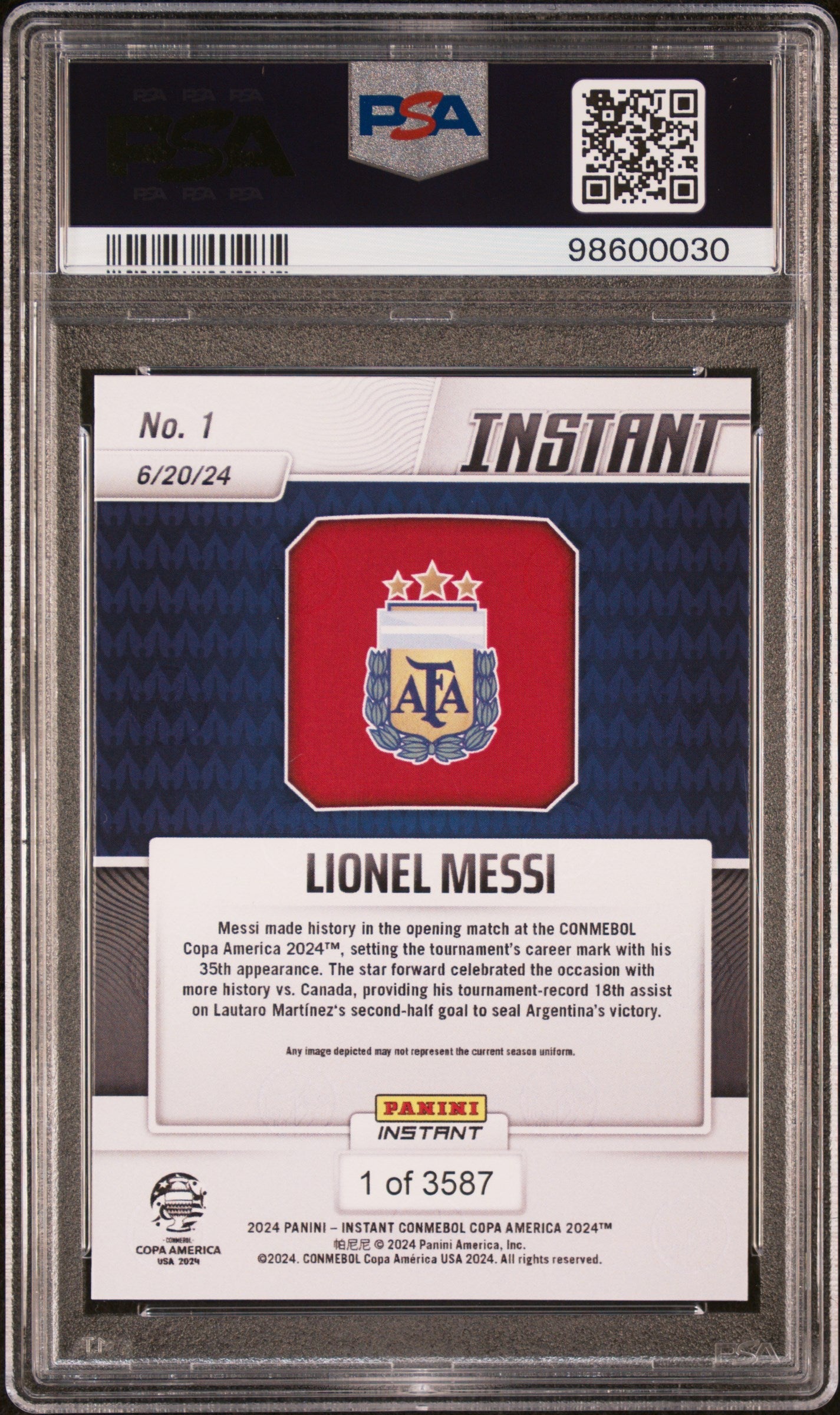 Graded 2024 Panini Instant Lionel Messi #1 Copa America Soccer Card PSA 7 Near Mint
