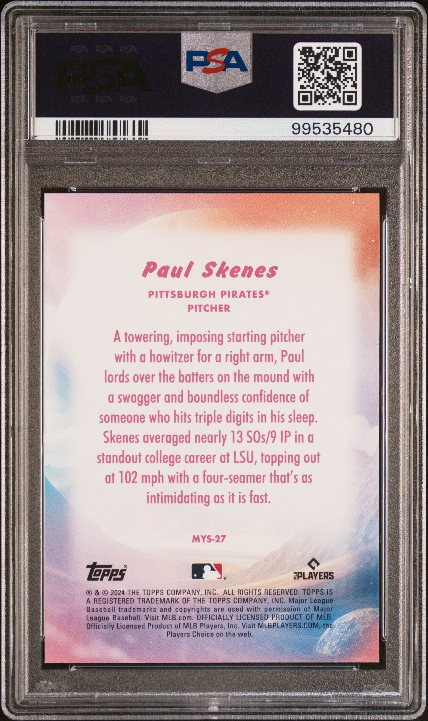Graded 2024 Topps Update Paul Skenes #MYS27 Mystical Rookie RC Baseball Card PSA 10 Gem Mint