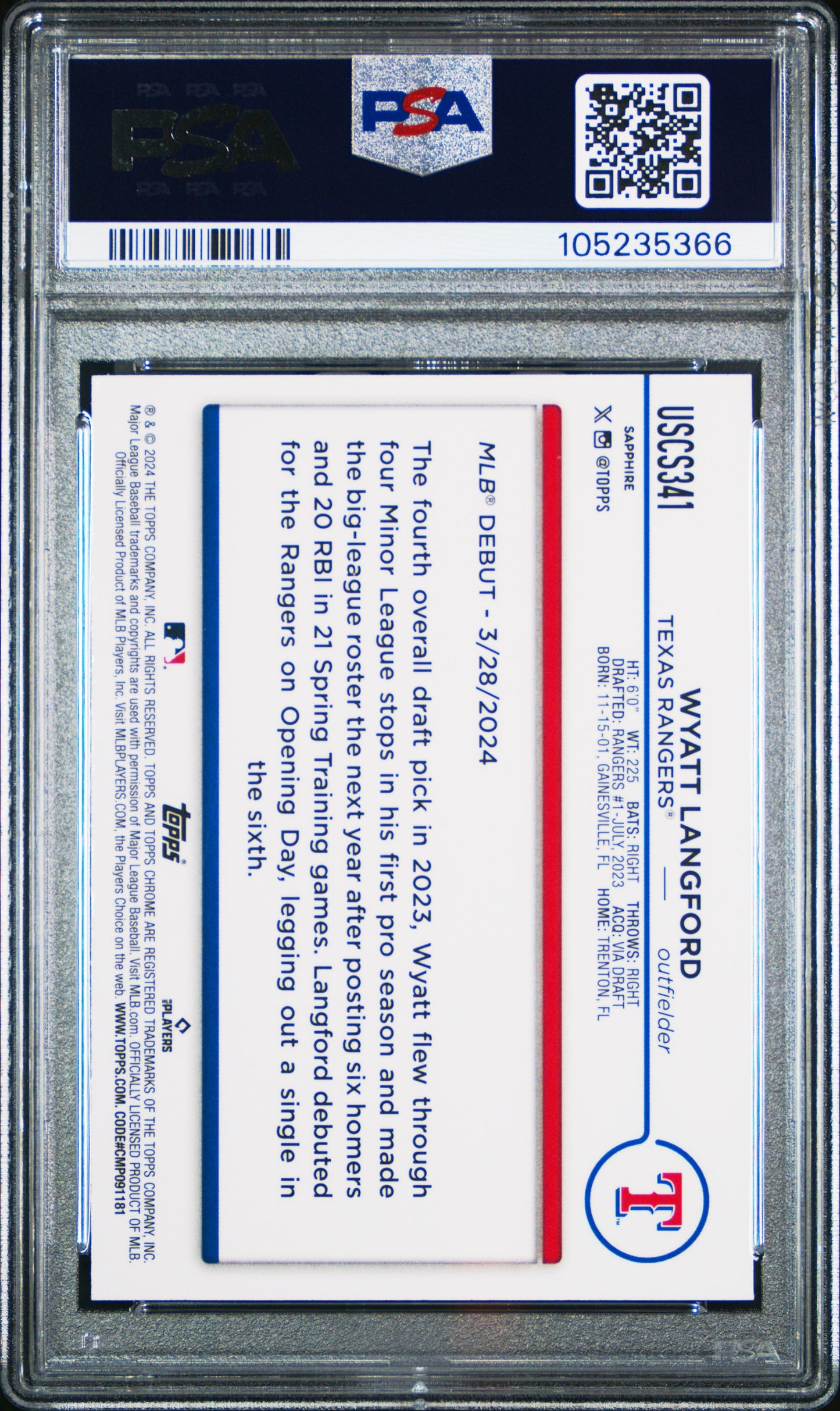 Graded 2024 Topps Chrome Update Sapphire Edition Wyatt Langford #341 Rookie RC Baseball Card PSA 10 Gem Mint