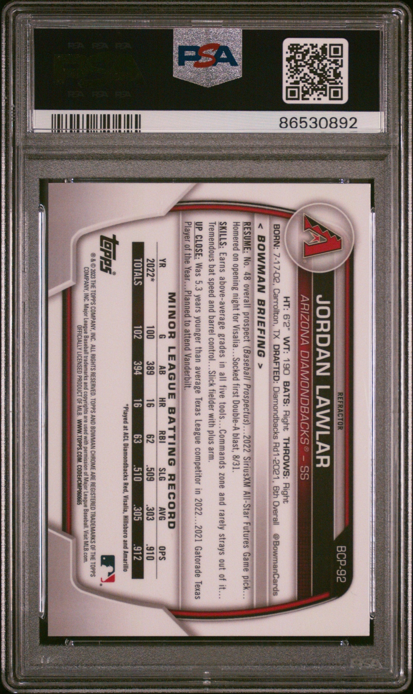 Graded 2023 Topps Bowman Jordan Lawler #BCP92 Chrome Prospects Refractor #/499 Rookie RC Baseball Card PSA 10 Gem Mint