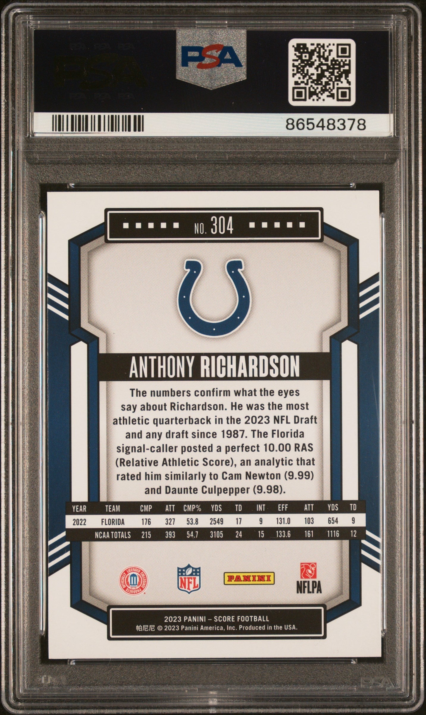 Graded 2023 Panini Score Anthony Richardson #304 Orange Rookie RC Football Card PSA 10 Gem Mint