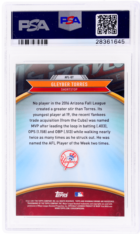 Graded 2017 Topps Bowman Chrome Gleyber Torres #AFLGT 2016 AFL Fall Stars Rookie RC Baseball Card PSA 10 Gem Mint