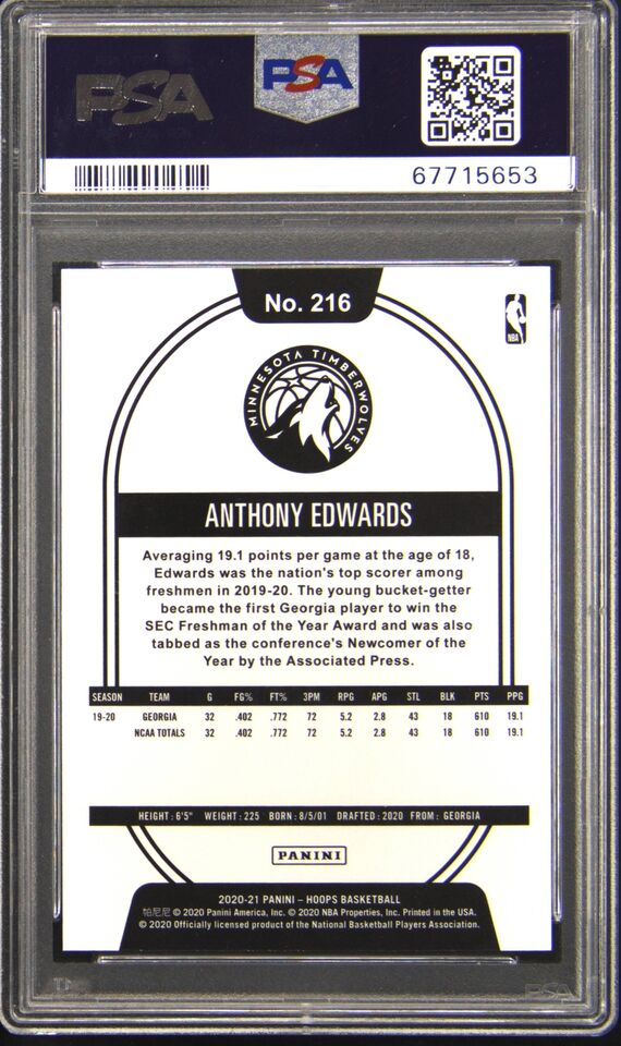 Graded 2020-21 Panini Hoops Anthony Edwards #216 Blue Rookie RC Basketball Card PSA 10 Gem Mint