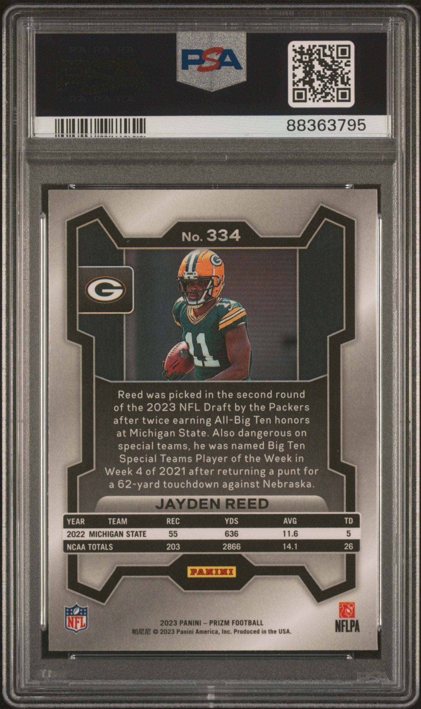 Graded 2023 Panini Prizm Jayden Reed #334 Rookie RC Football Card PSA 10 Gem Mint