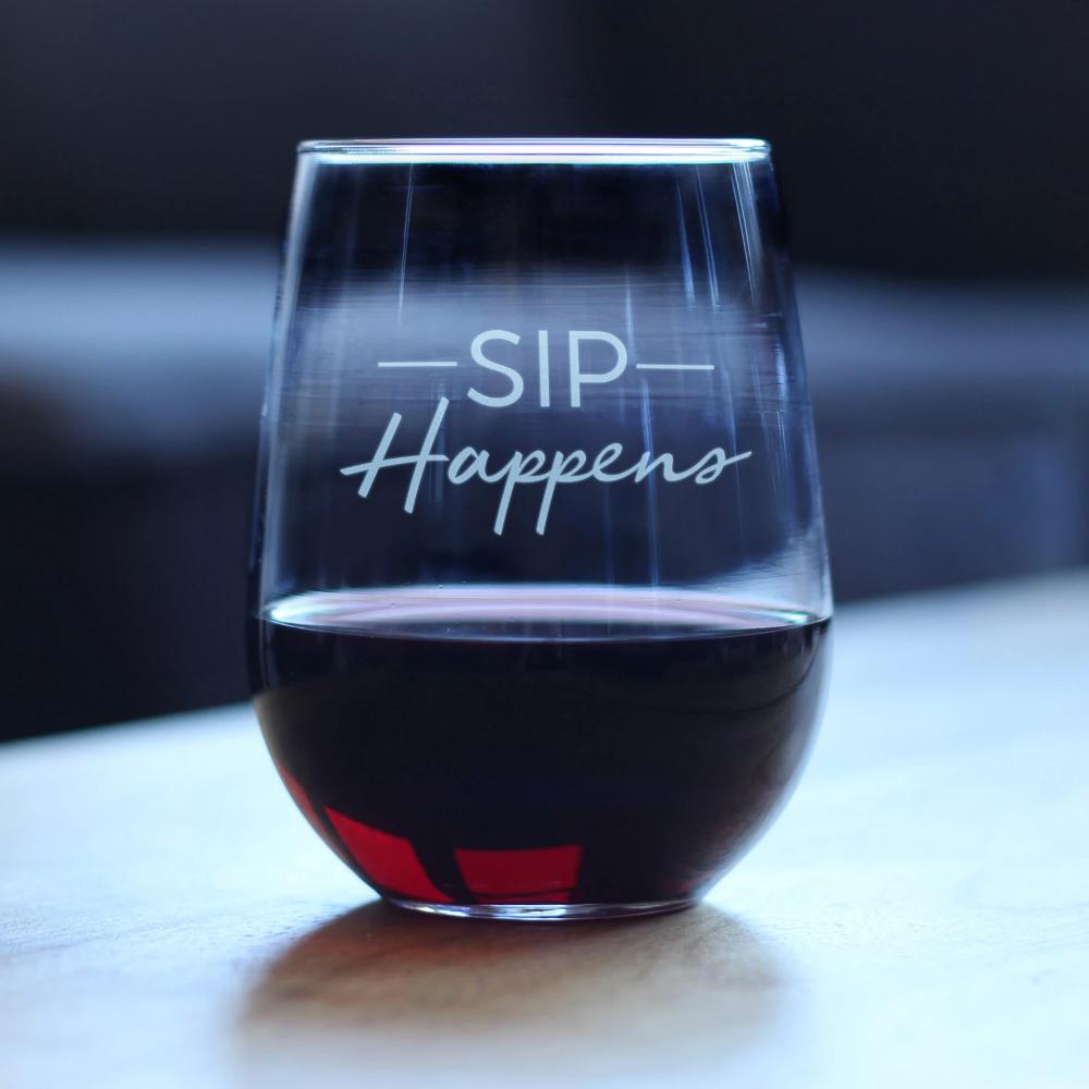 Sip Happens – Cute Funny Wine Stemless Glass, Large 17 Ounces, Etched Sayings, Gift Box
