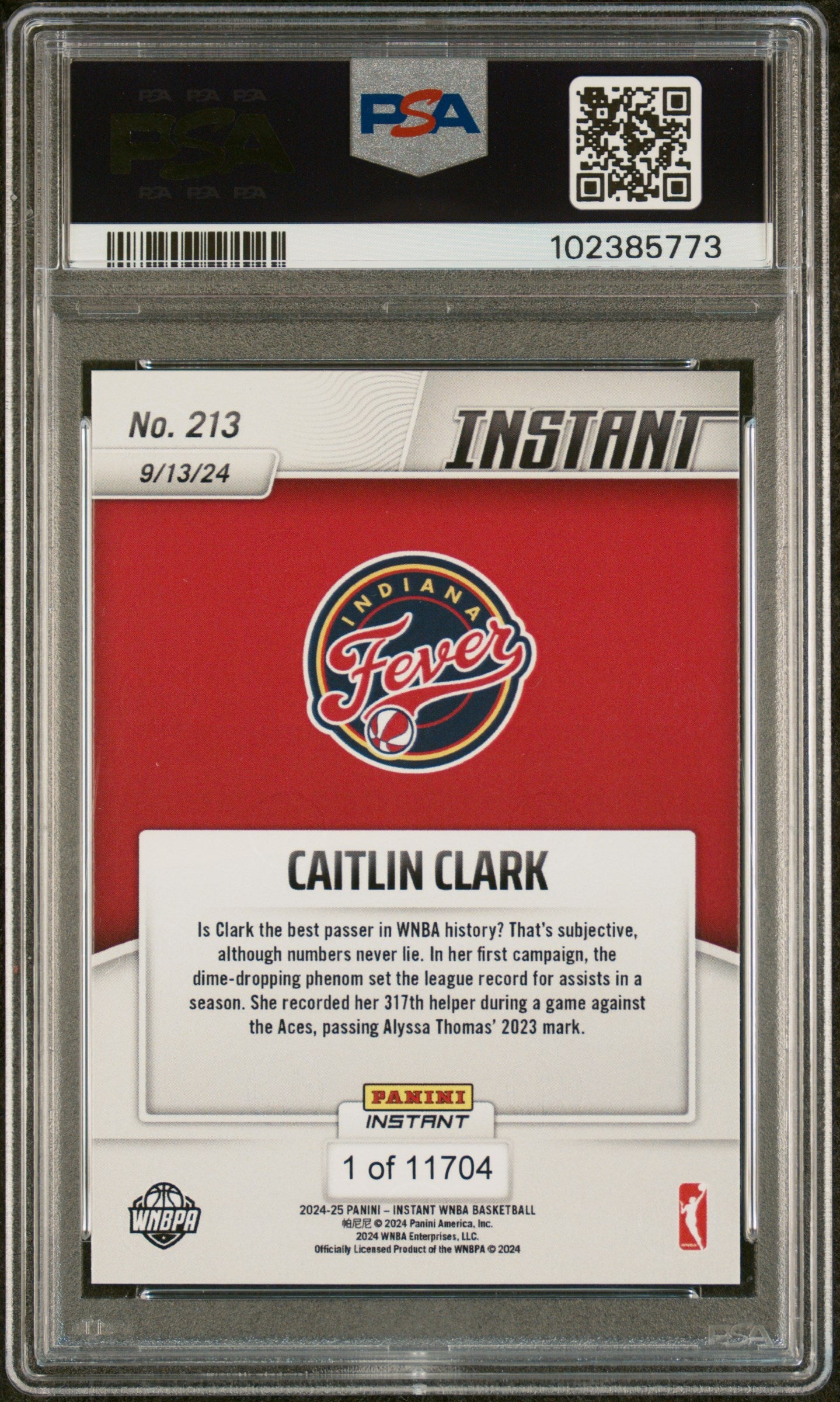 Graded 2024 Panini Instant WNBA Caitlin Clark #213 Rookie RC Basketball Card PSA 9 Mint
