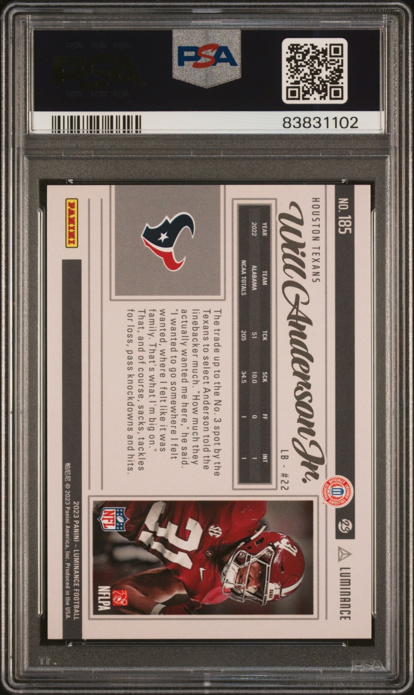 Graded 2023 Panini Luminance Will Anderson #185 Black Rookie RC Football Card PSA 10 Gem Mint
