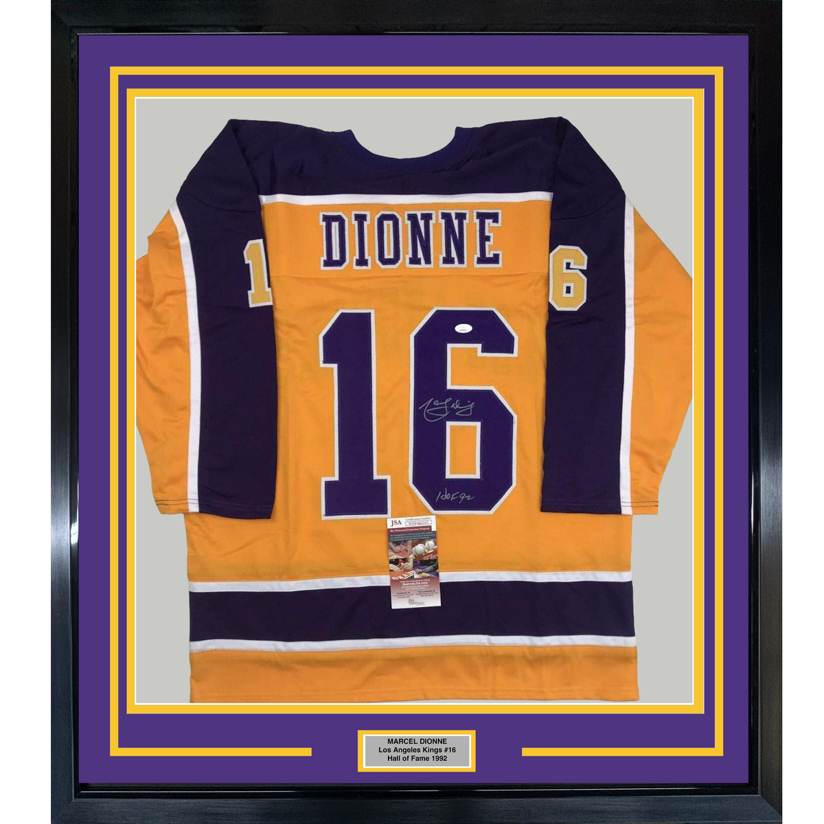 Framed Autographed/Signed Marcel Dionne HOF 92 35x39 Los Angeles LA Yellow Hockey Jersey JSA COA