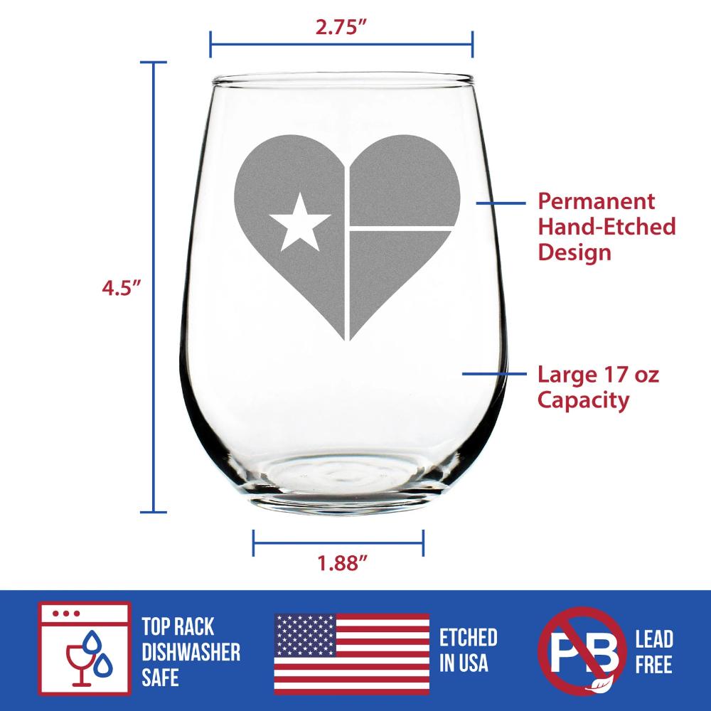 Texas Flag Heart – Cute Funny Stemless Wine Glass, Large 17 Ounces, Etched Sayings, Gift Box
