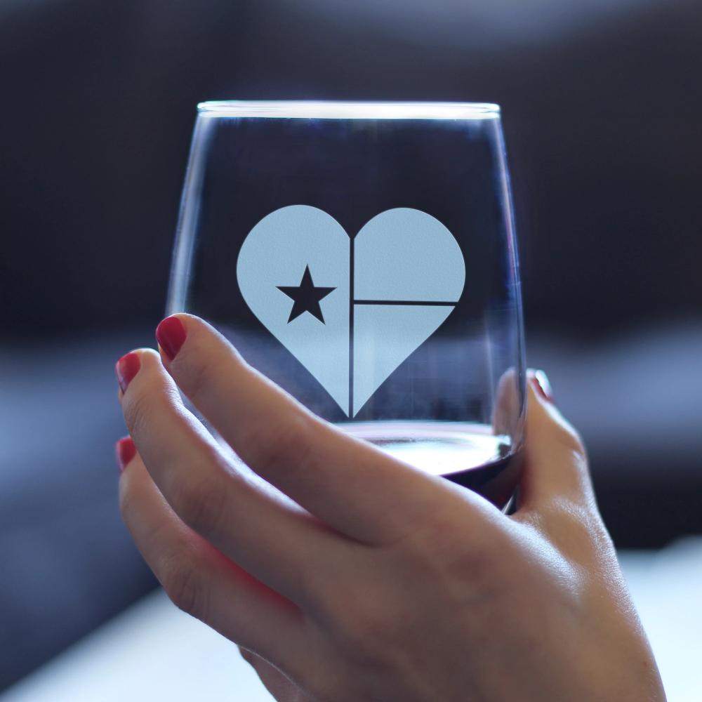 Texas Flag Heart – Cute Funny Stemless Wine Glass, Large 17 Ounces, Etched Sayings, Gift Box