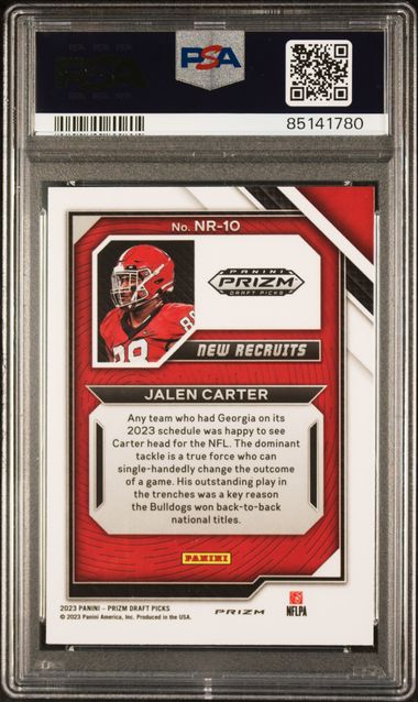 Graded 2023 Panini Prizm Draft Picks Jalen Carter #NR10 New Recruits-Gold Ice Rookie RC Football Card PSA 10