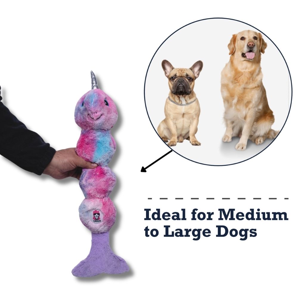 Tie Dye Skinny Narwhal Magical Creature Plush Dog Toy – with Squeaker & Crinkle Paper for Fun Play