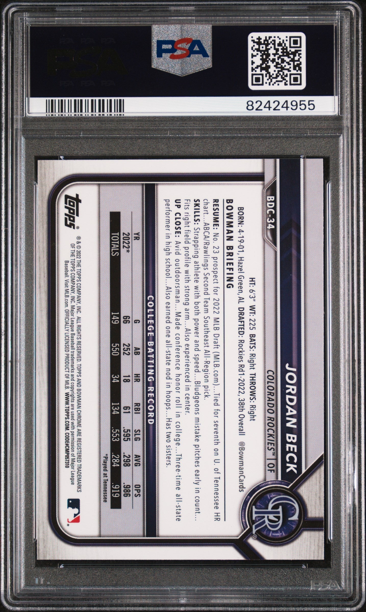 Graded 2022 Topps Bowman Draft Jordan Beck #BDC34 Chrome Rookie RC Baseball Card PSA 10 Gem Mint