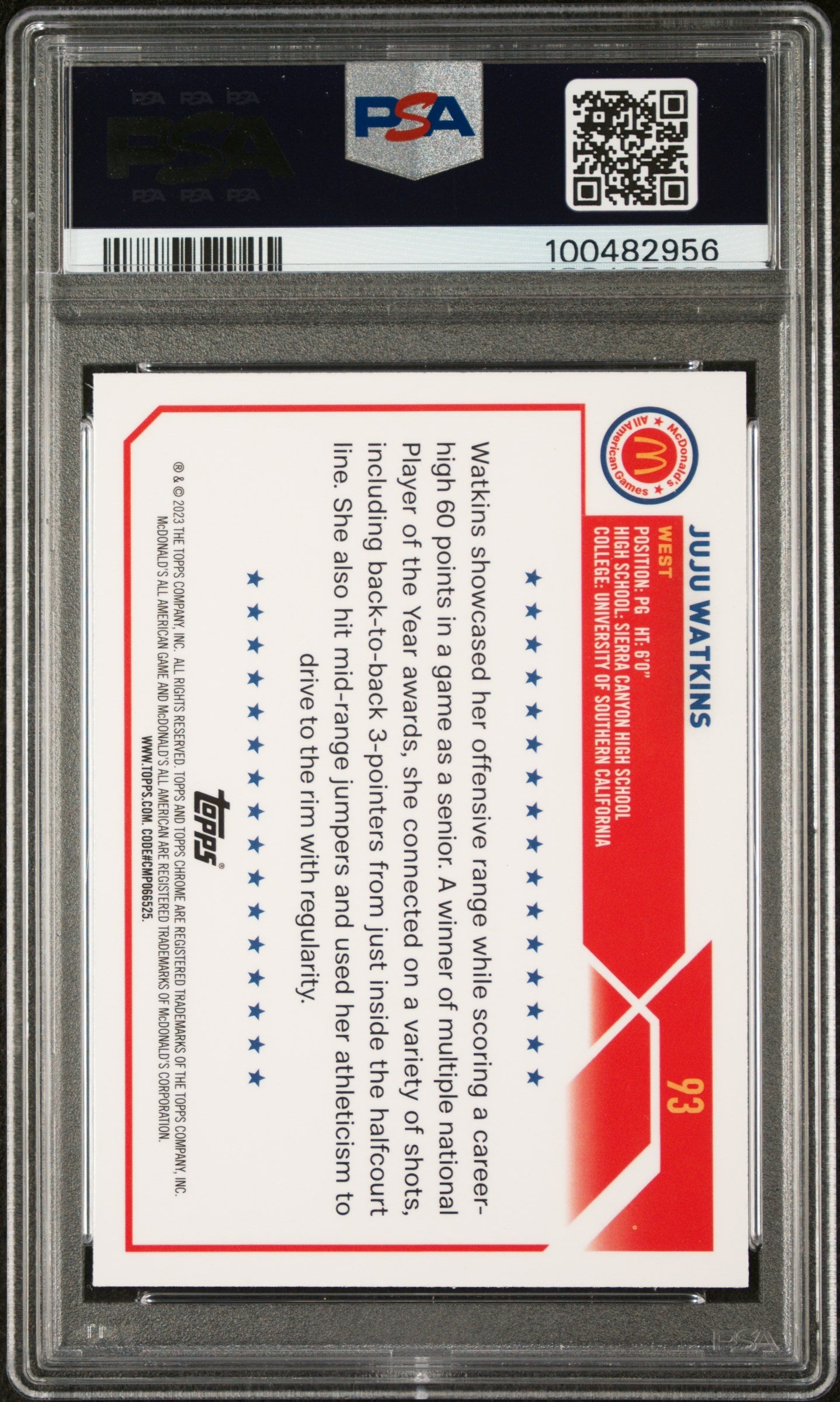 Graded 2023 Topps Chrome JuJu Watkins #93 McDonalds All American Rookie RC Basketball Card PSA 10 Gem Mint