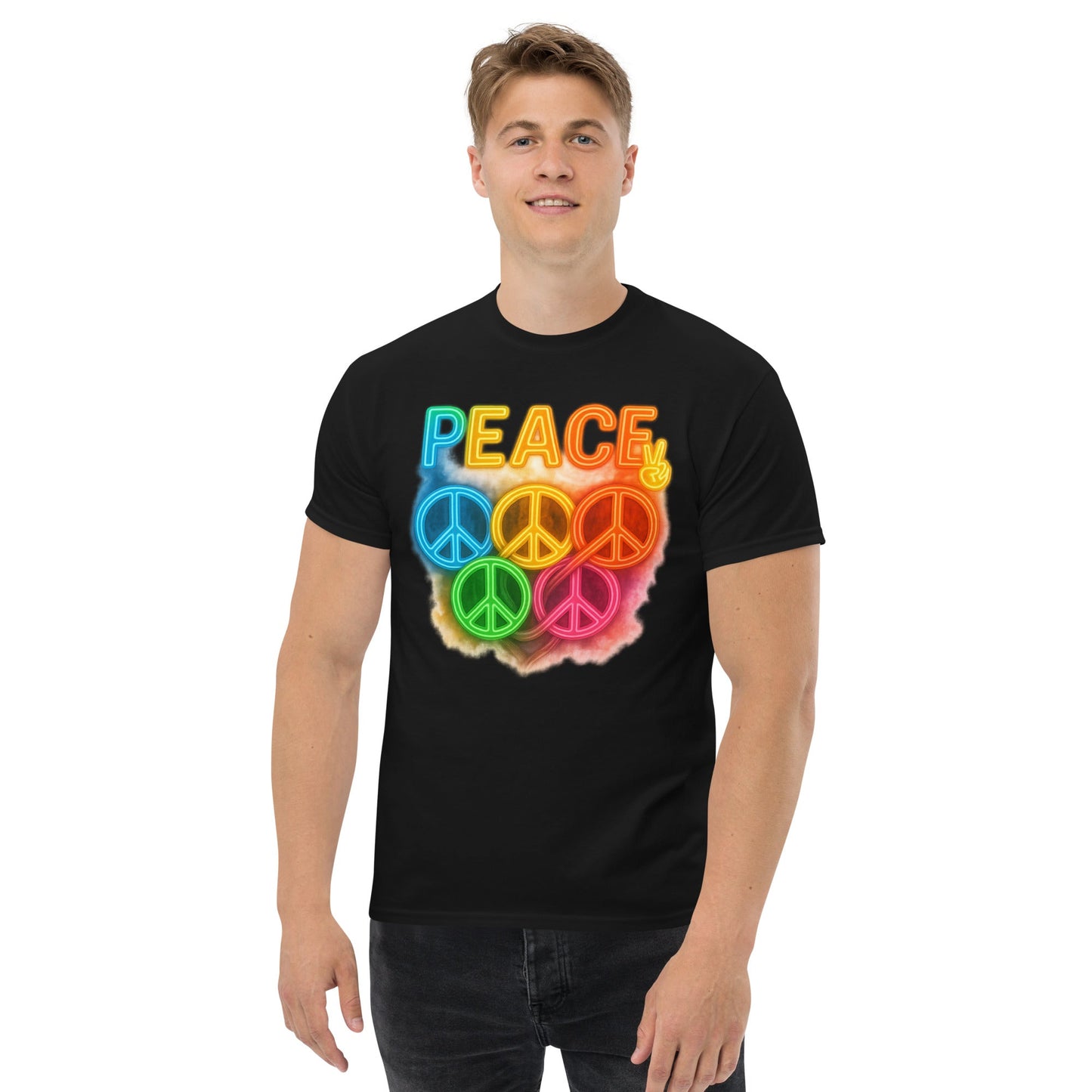 Neon Peace Sign Tee – Rainbow Glow Streetwear