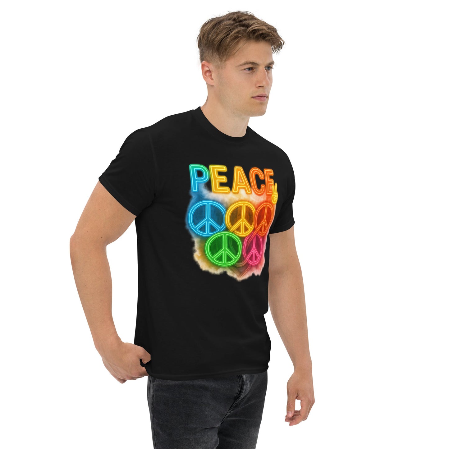 Neon Peace Sign Tee – Rainbow Glow Streetwear
