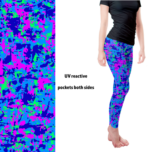 UV Reactive Fluorescent Neon  Camo Full Length Leggings with pockets