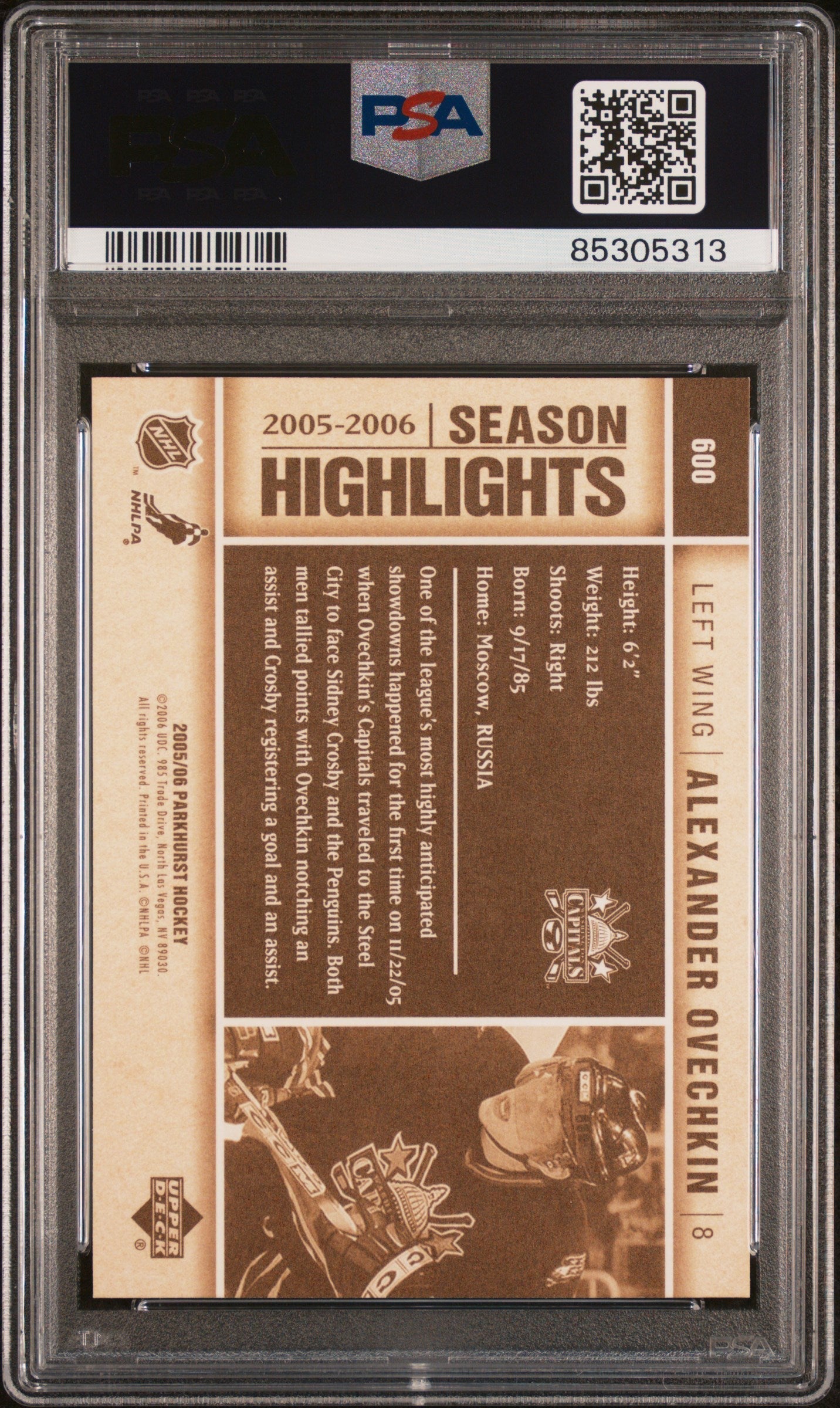 Graded 2005 Upper Deck Parkhurst Alex Ovechkin #600 Rookie RC Hockey Card PSA 10 Gem Mint