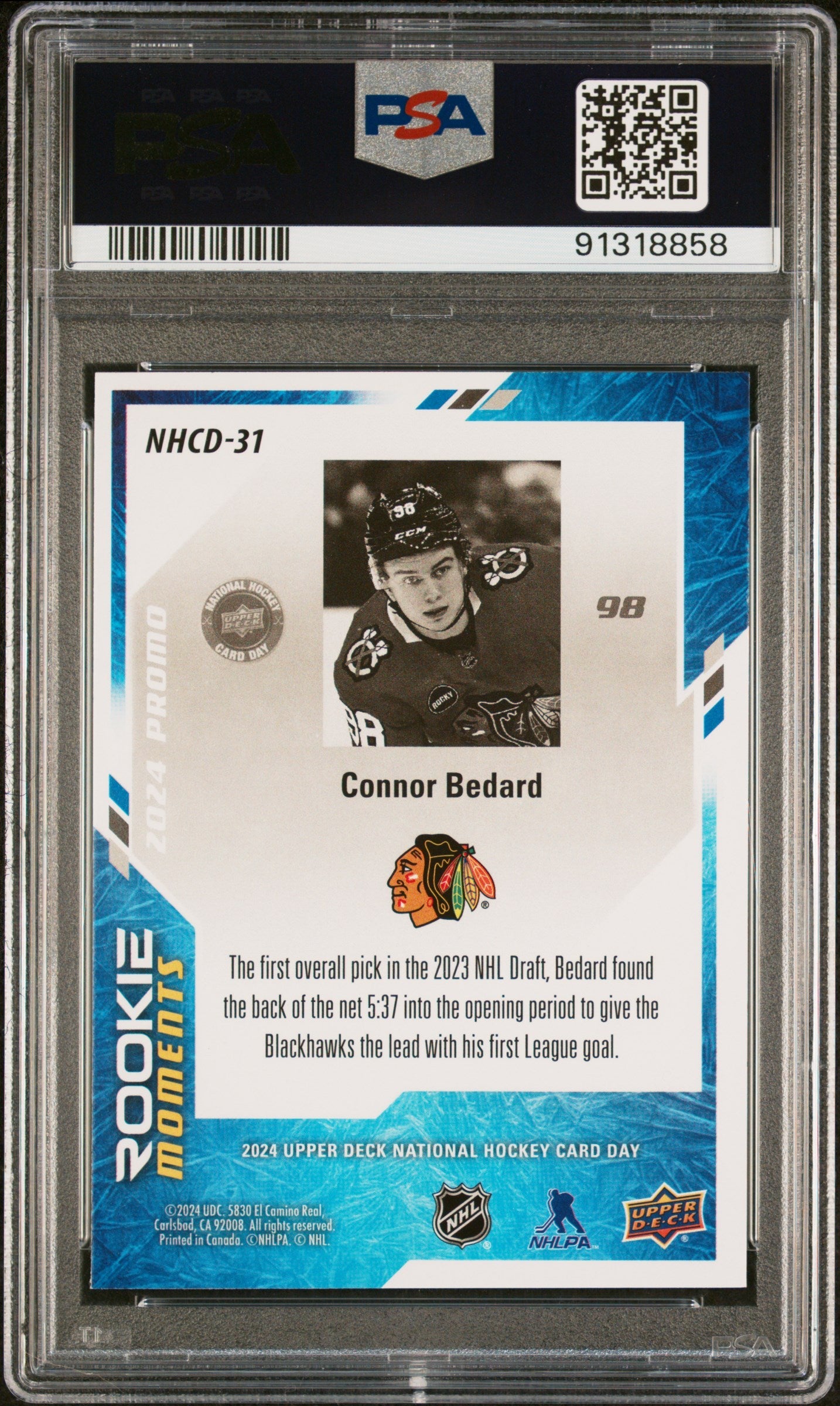 Graded 2024 Upper Deck National Hockey Card Day Connor Bedard #NHCD31 Rookie RC Hockey Card PSA 10 Gem Mint