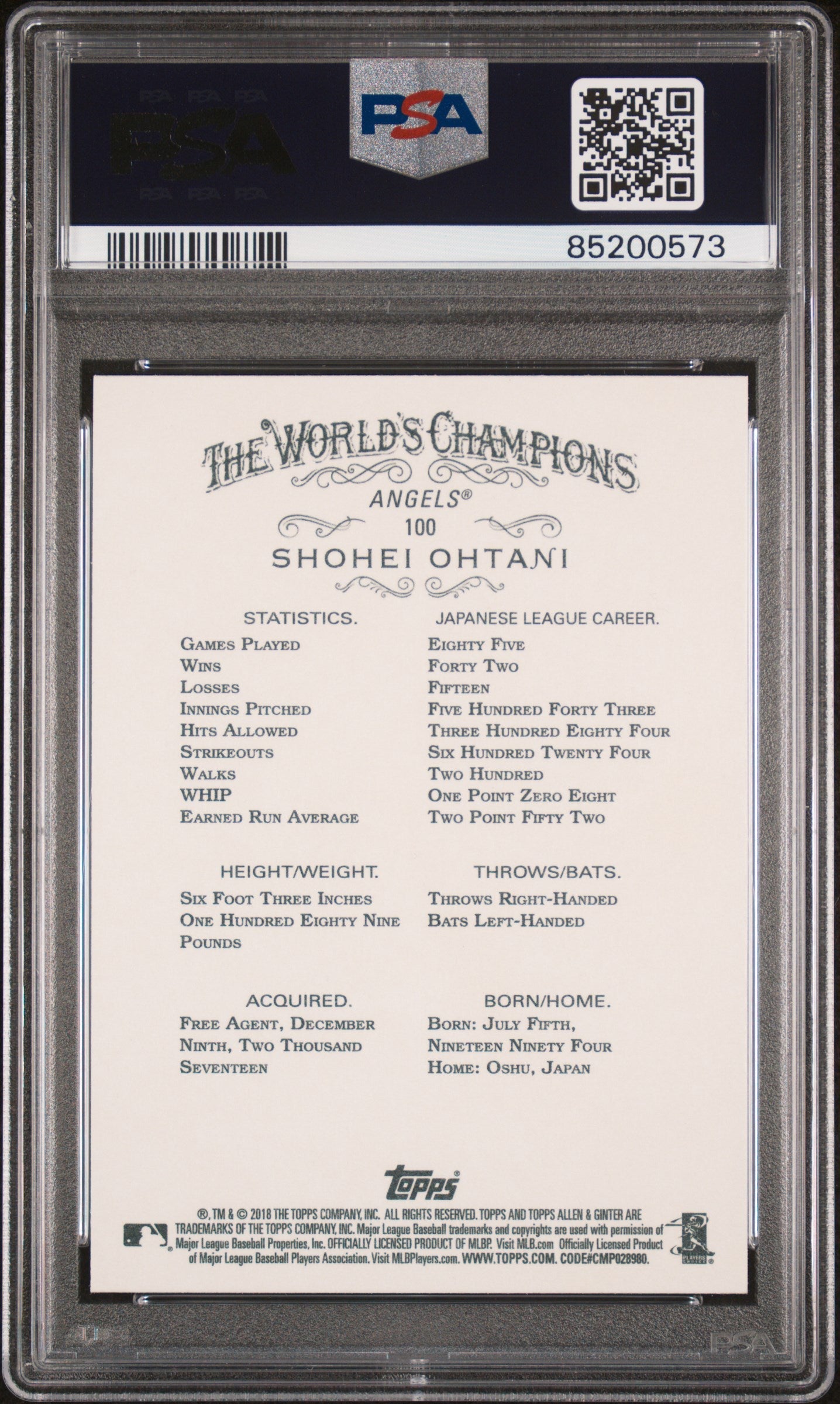 Graded 2018 Topps Allen & Ginter Shohei Ohtani #100 Rookie RC Baseball Card PSA 10 Gem Mint