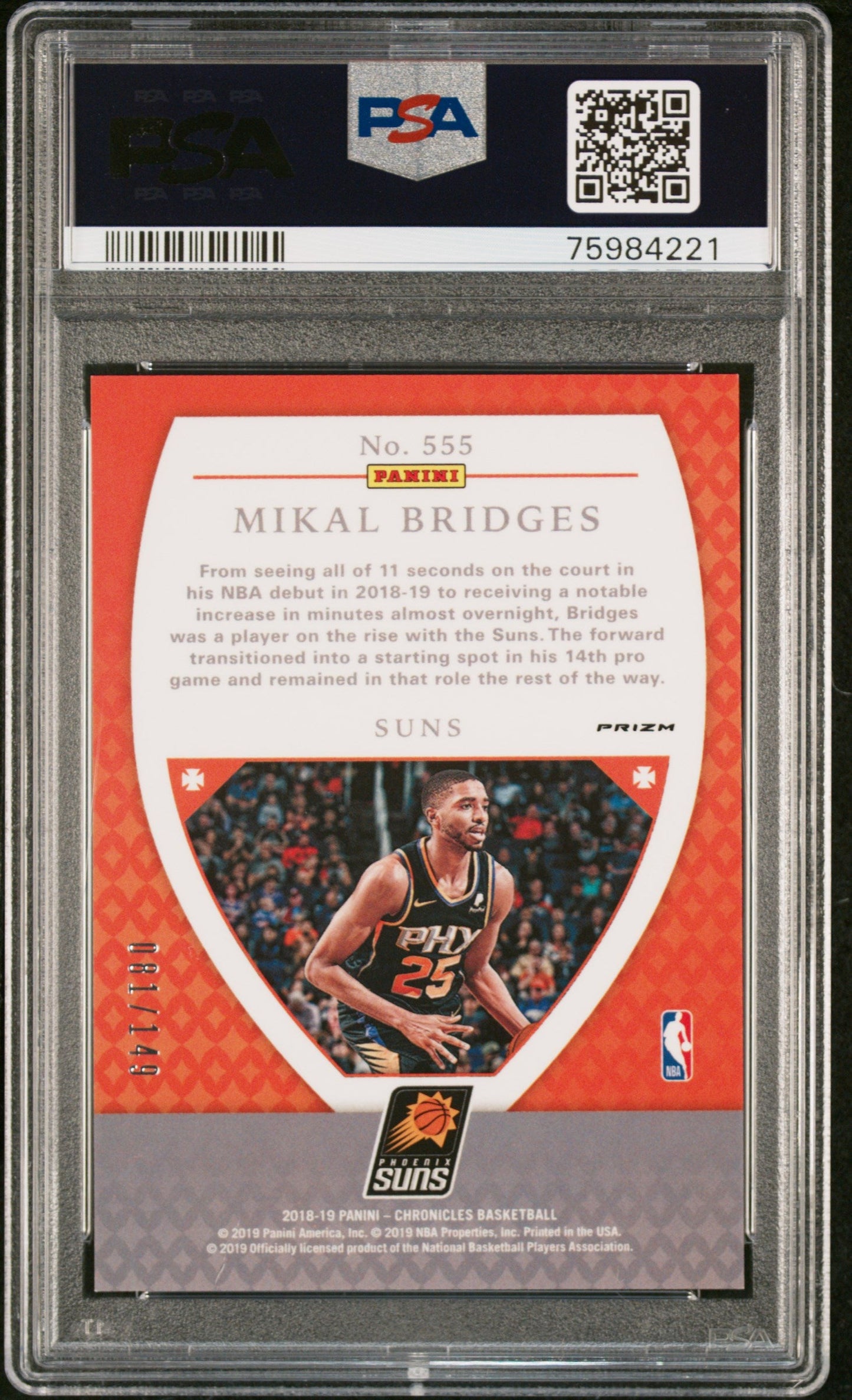 Graded 2018 Panini Chronicles Mikal Bridges #555 Red #/149 Rookie RC Basketball Card PSA 10 Gem Mint