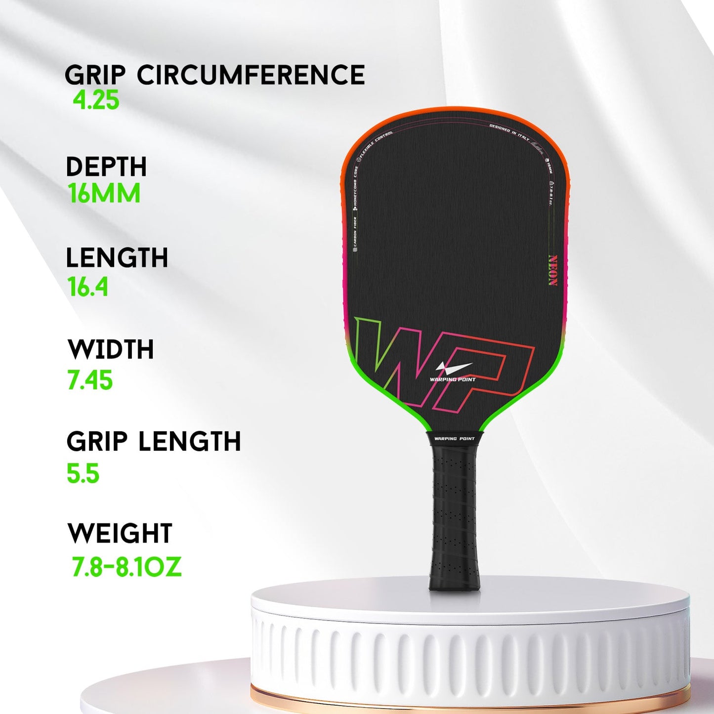Strong, Stylish & Durable Neon Pickleball Paddle 16mm Core in Green, Pink & Orange