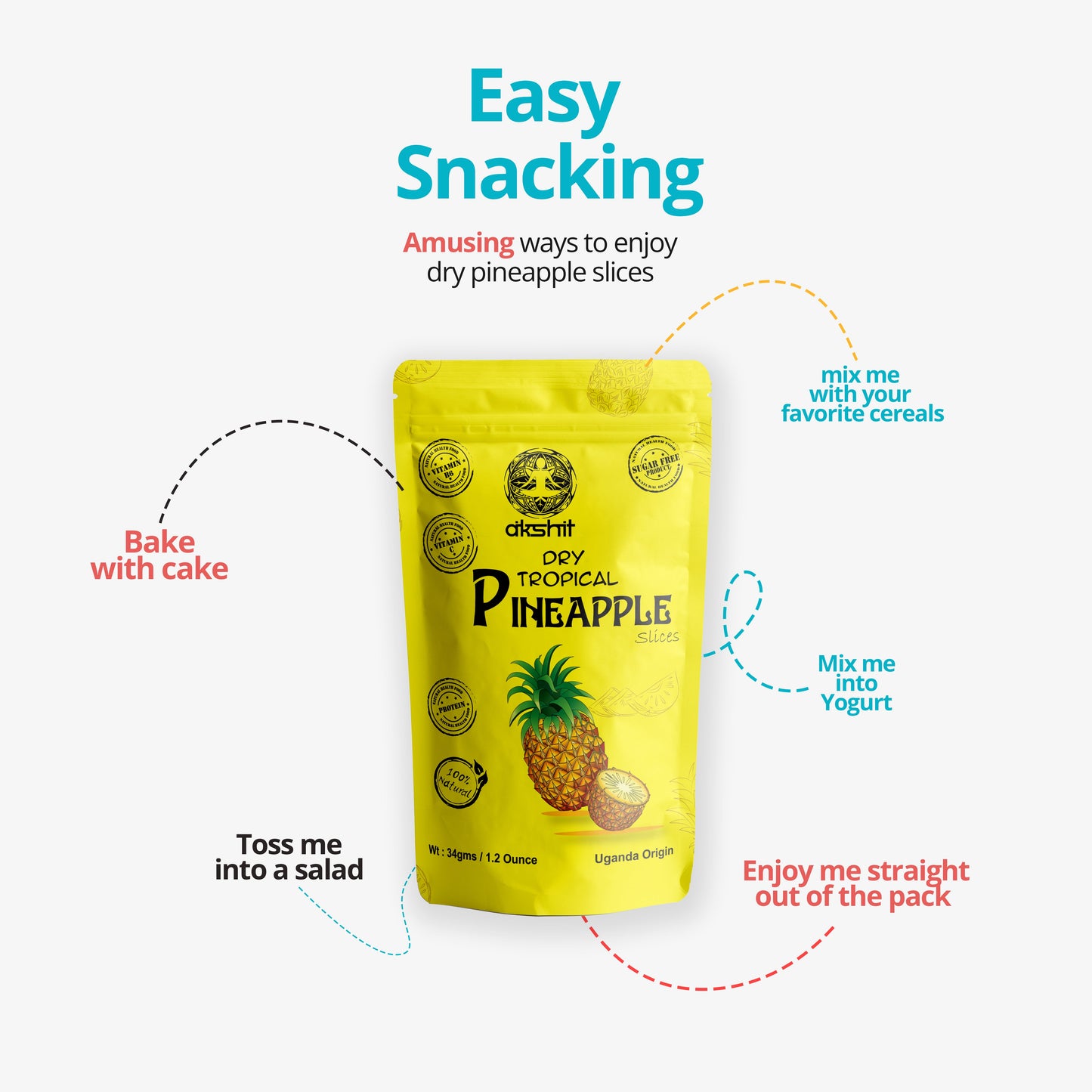Akshit Premium Dried Pineapple Chunks | 100% Natural, No Sugar, Gluten-Free, Non-GMO 1.2 oz (12 count ) I piña bocadillo I Tranches d'ananas secs