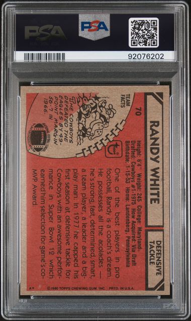 Graded 1980 Topps Randy White #70 Football Card PSA 9 Mint
