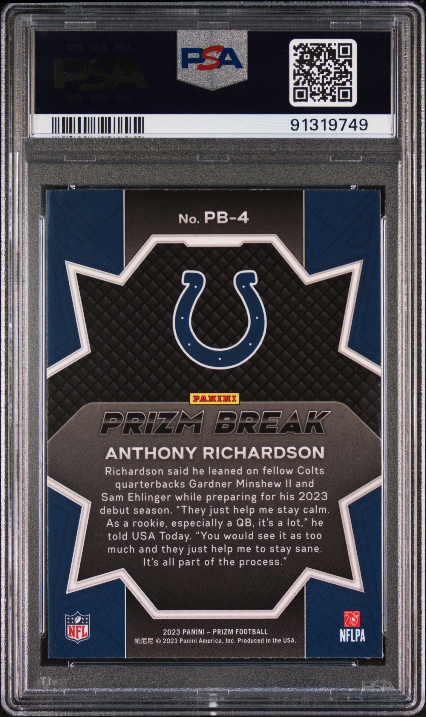 Graded 2023 Panini Prizm Anthony Richardson #PB4 Prizm Break Rookie RC Football Card PSA 10 Gem Mint