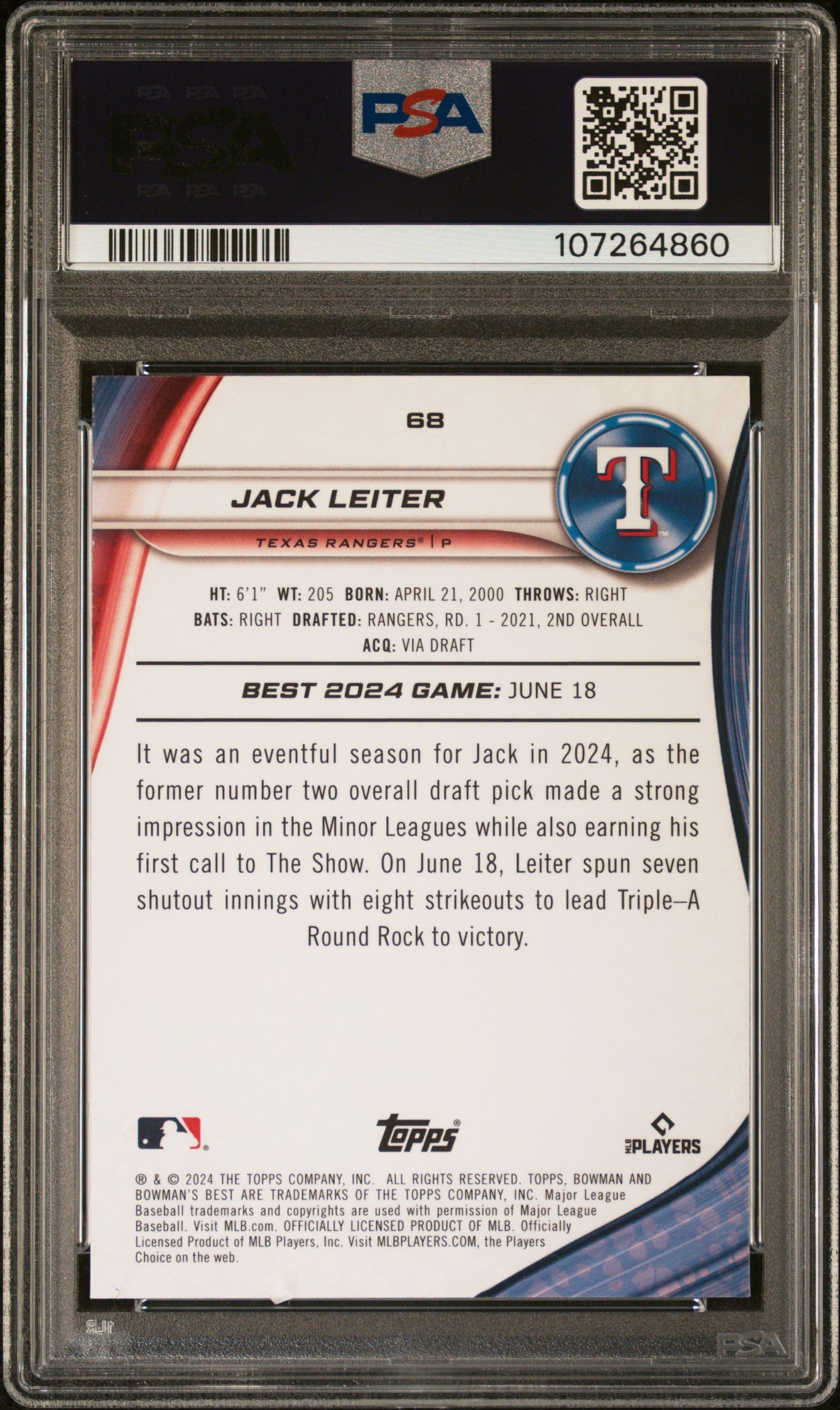 Graded 2024 Topps Bowmans Best Jack Leiter #68 Blue Refractor /150 Rookie RC Baseball Card PSA 10 Gem Mint